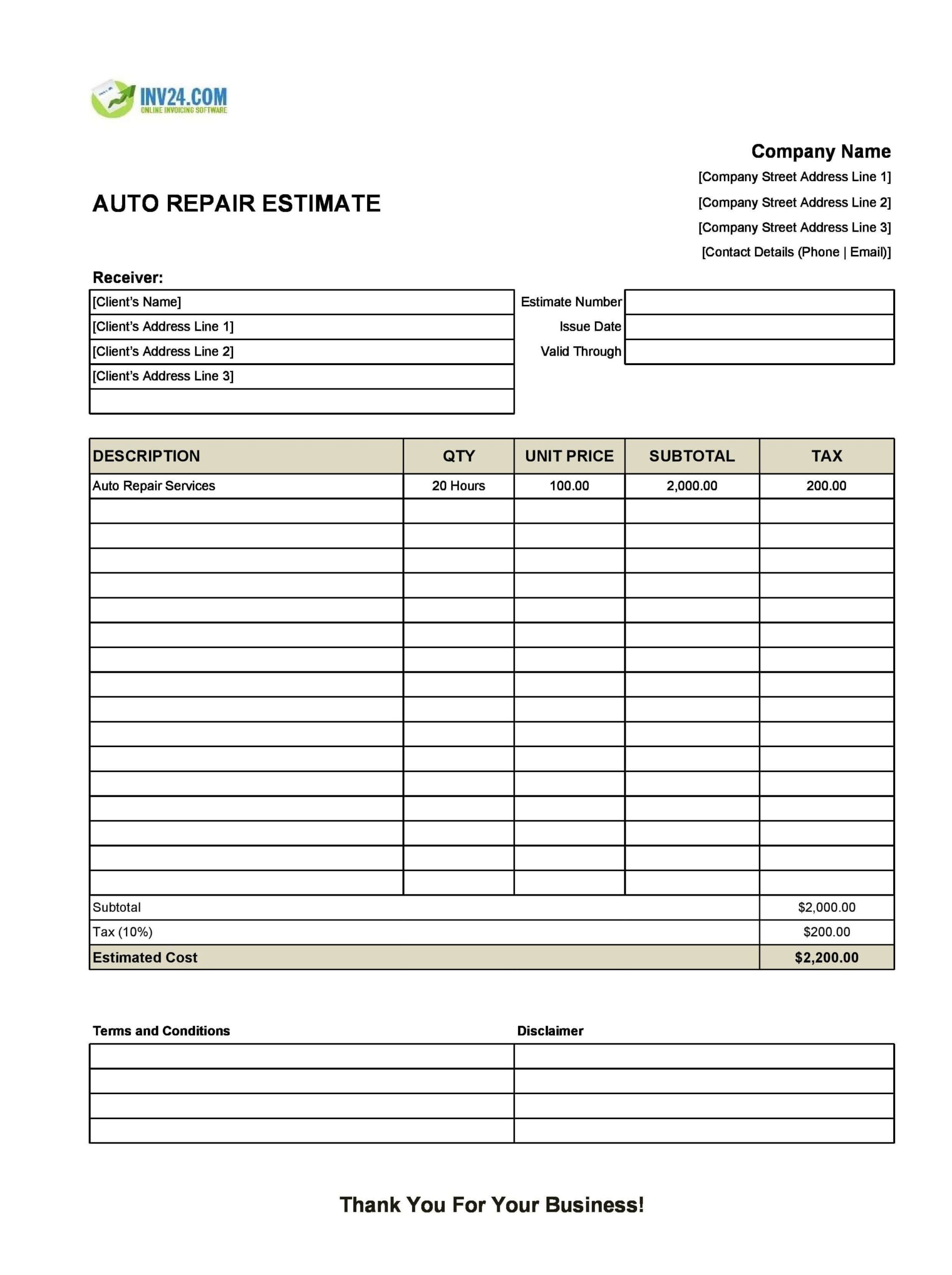 Auto Repair Estimate Template Excel Google Sheets