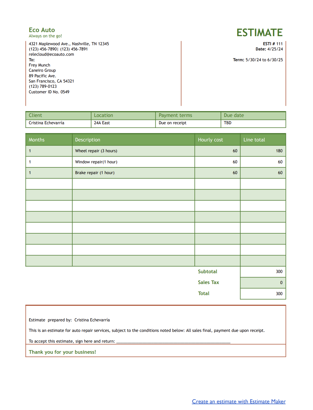 auto repair estimate template