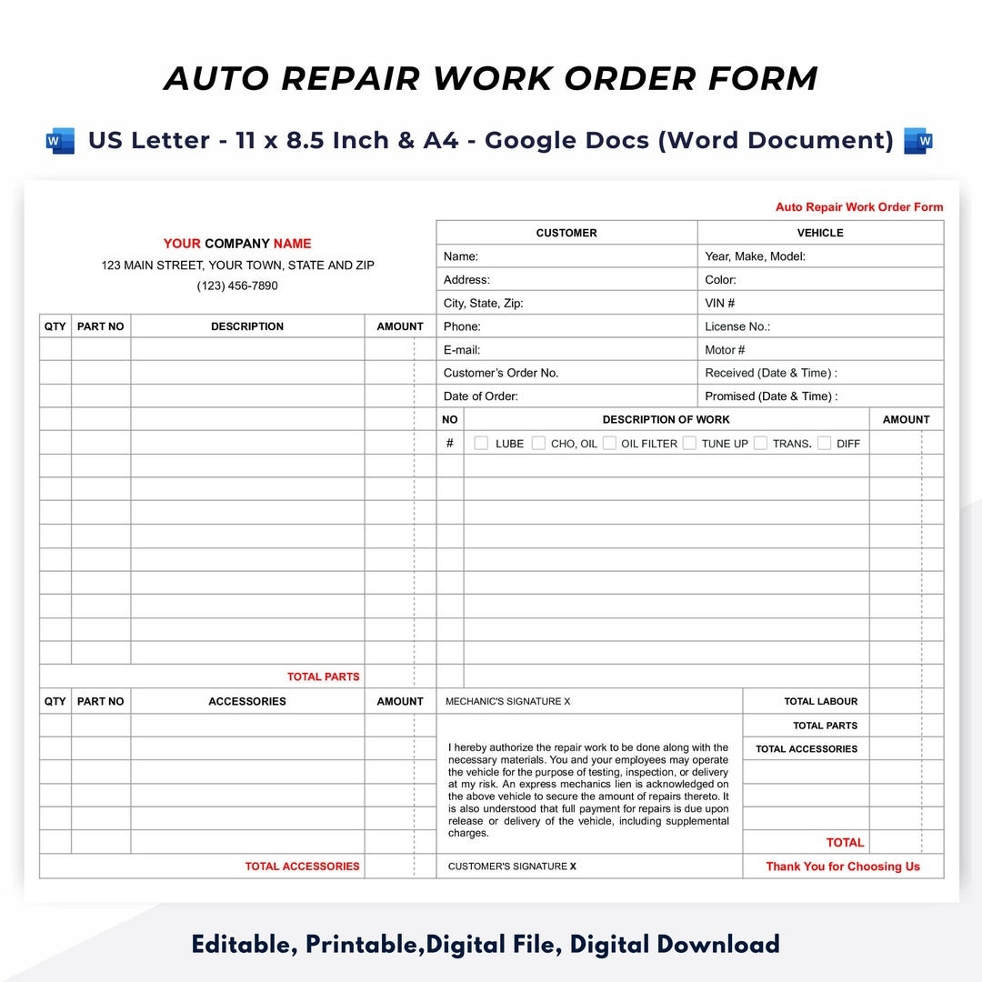 auto shop work order template