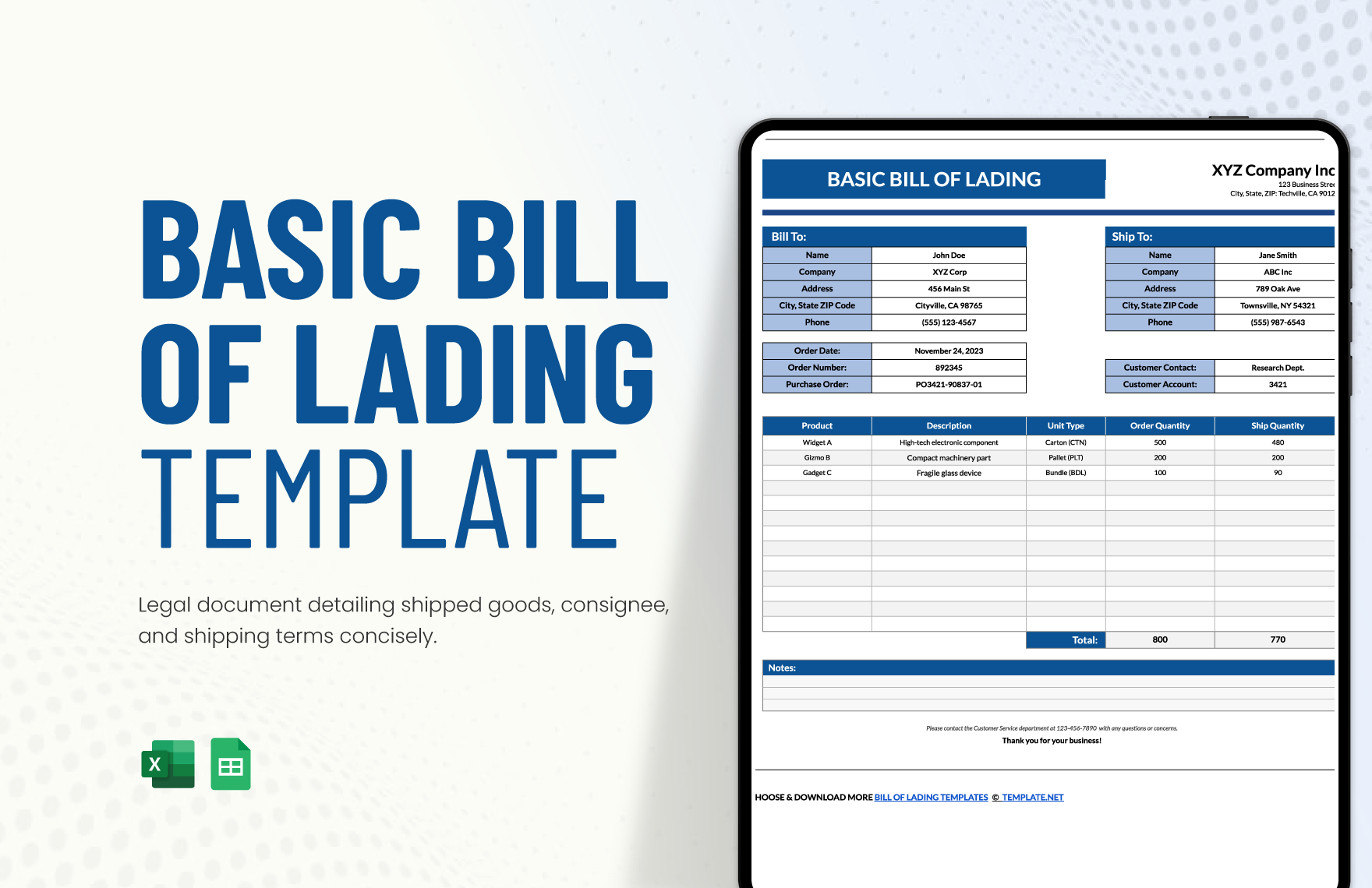 Basic Bill Of Lading Template In Excel Google Sheets Download Template 