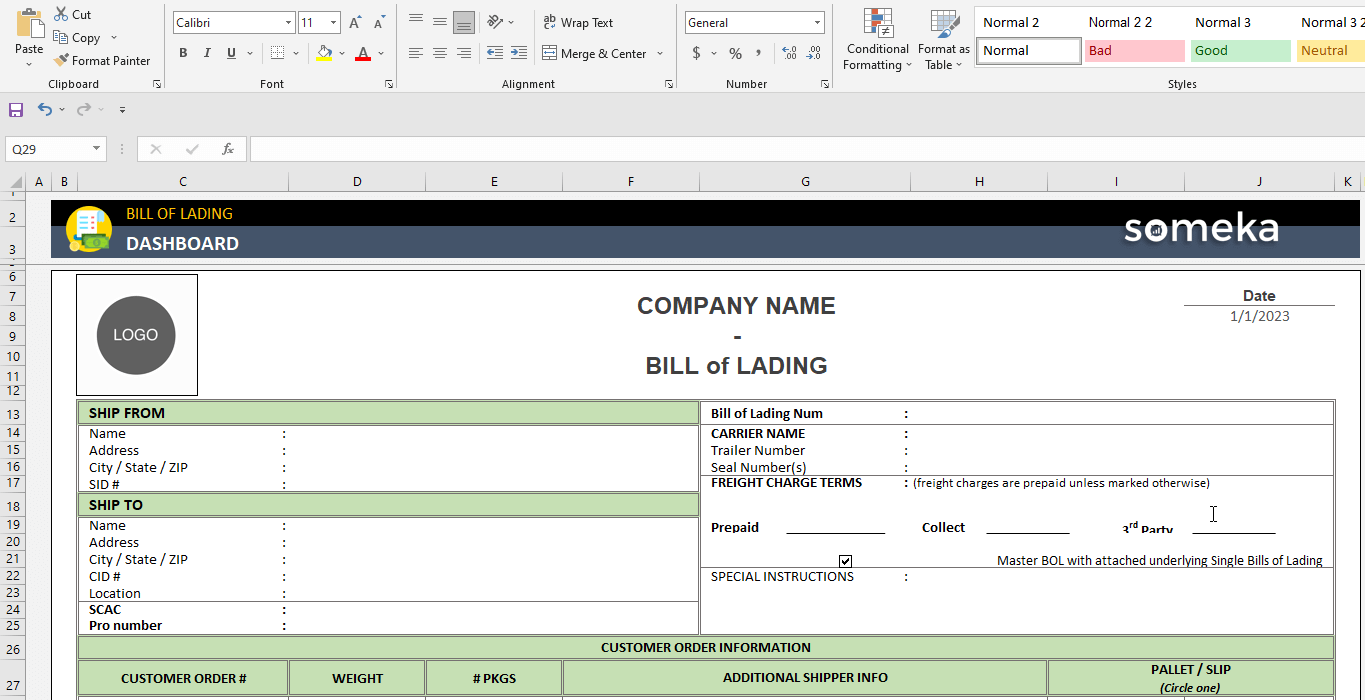 bill of lading template excel