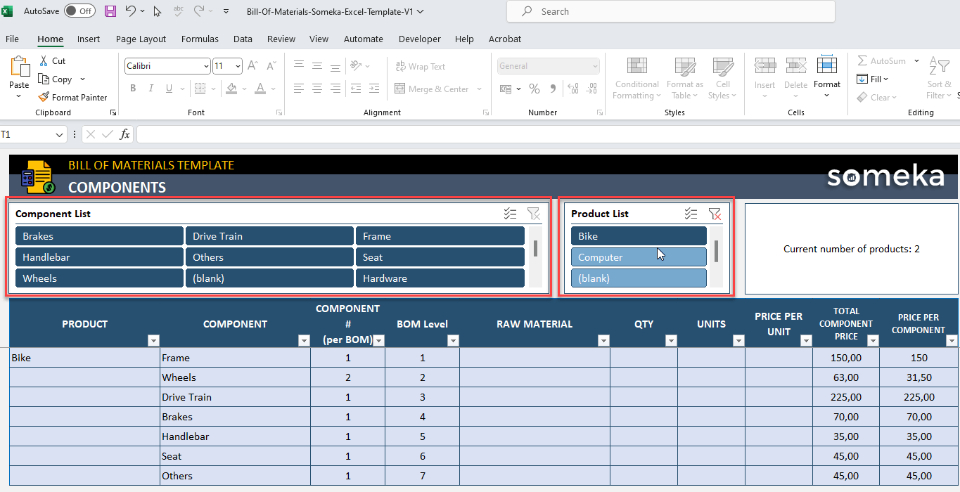 Bill Of Materials BOM Excel Template Multi Level Costing