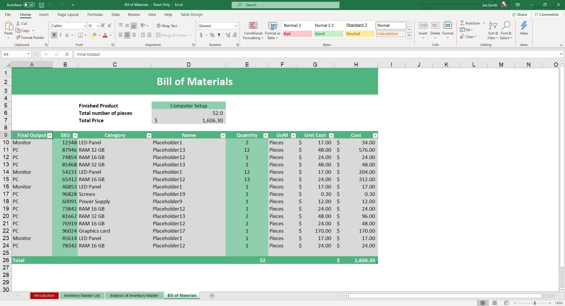 bill of materials template