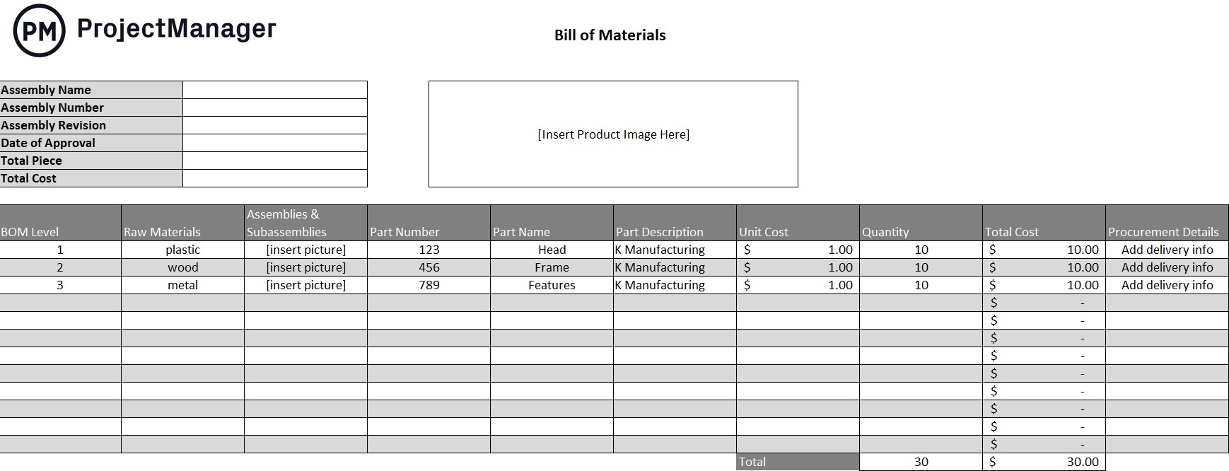 Bill Of Materials Template For Excel Free Download 