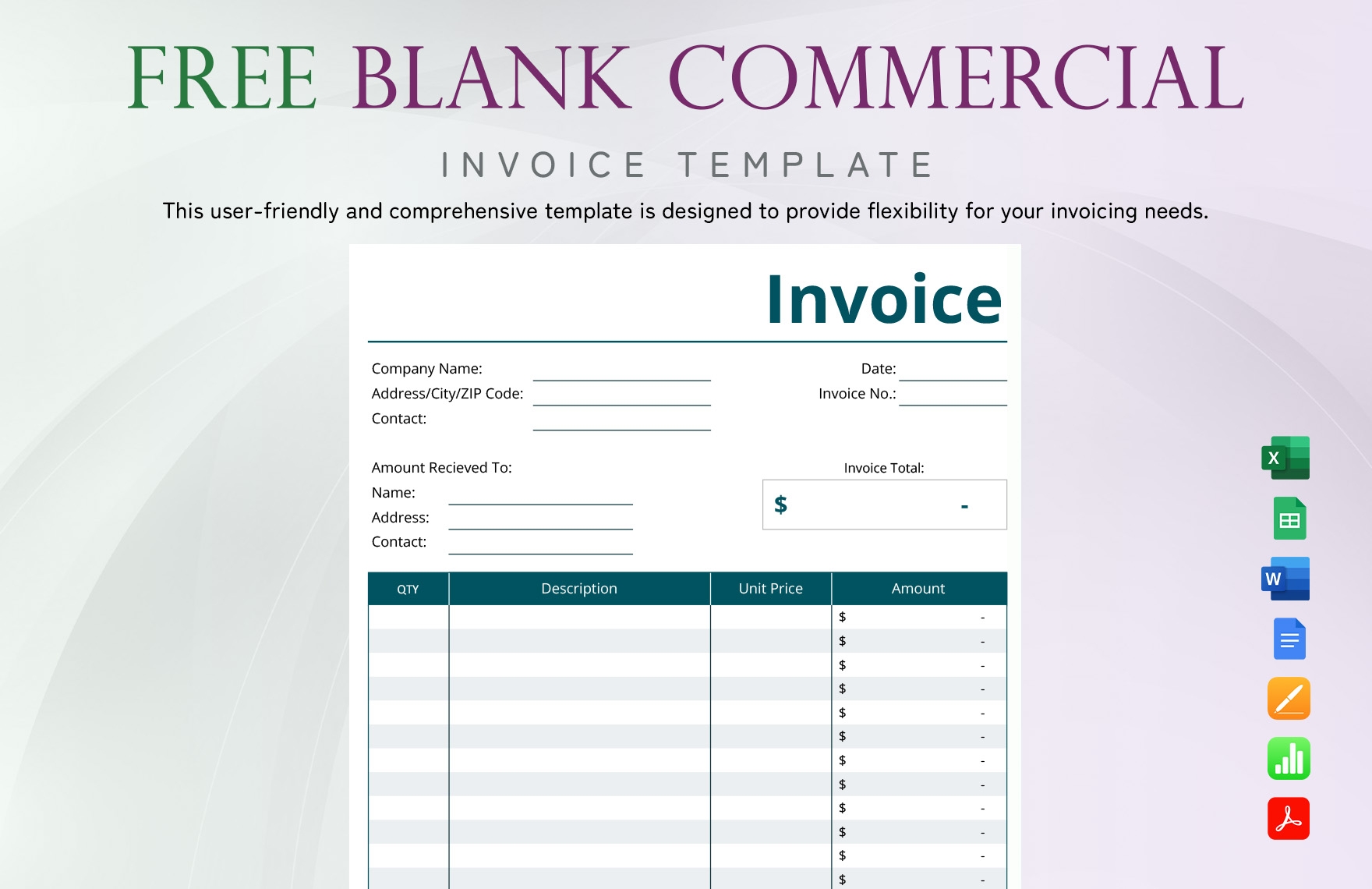 Blank Commercial Invoice Template In Google Docs Word Apple Numbers Apple Pages PSD PDF Illustrator Excel Google Sheets Download Template