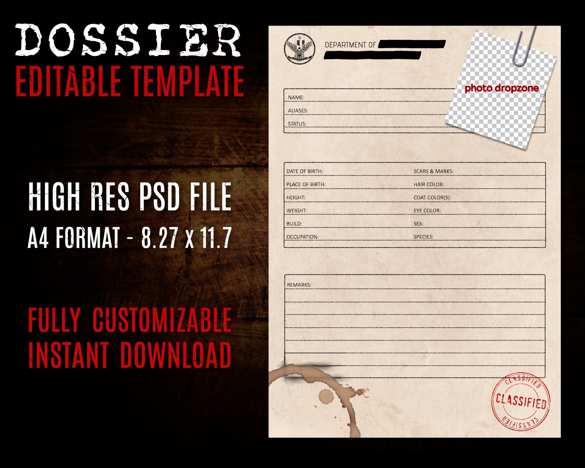 Case File Dossier Template Editable Vintage Style Distressed Stained Paper Texture Etsy Australia