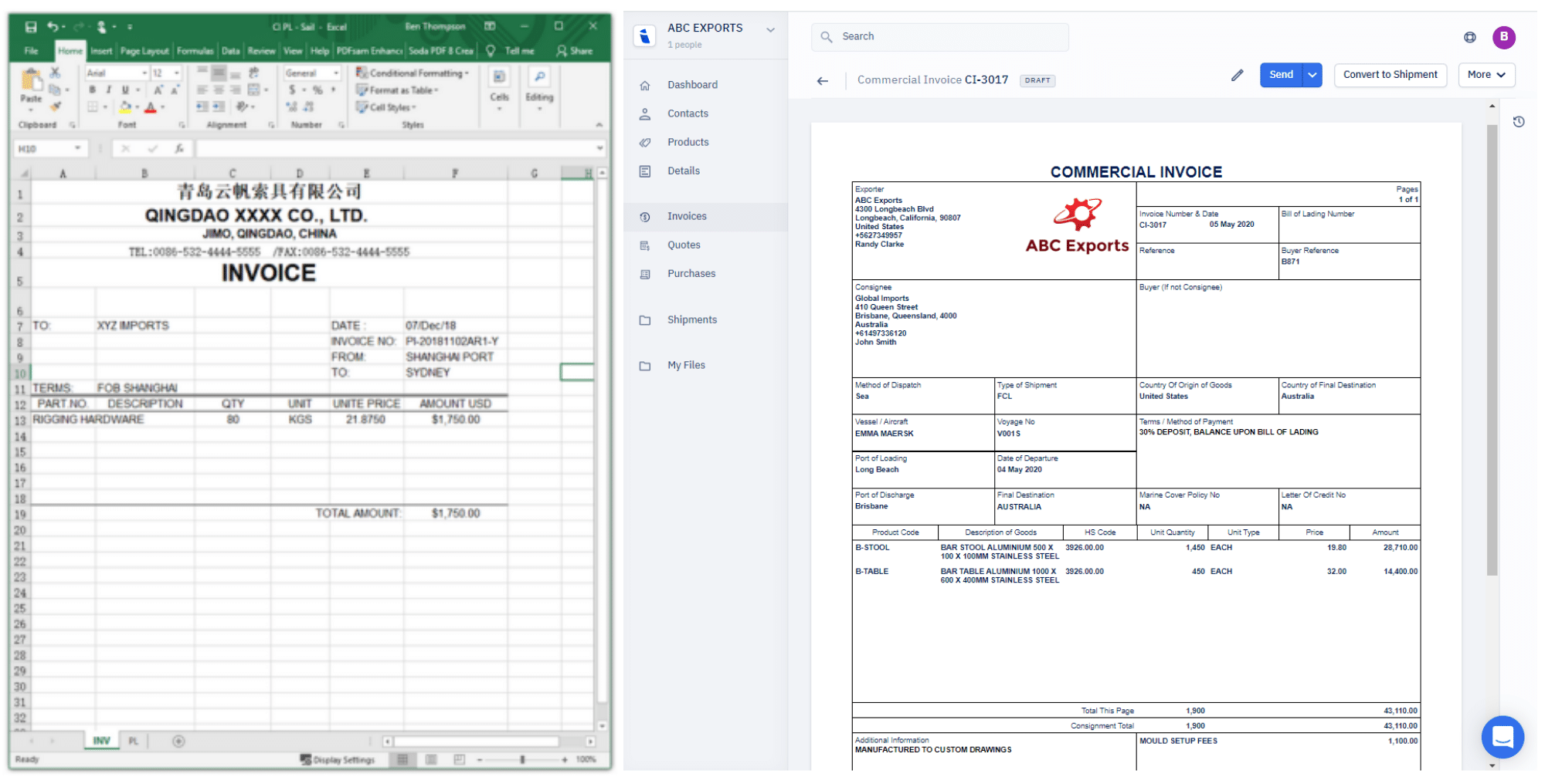 commercial invoice template excel