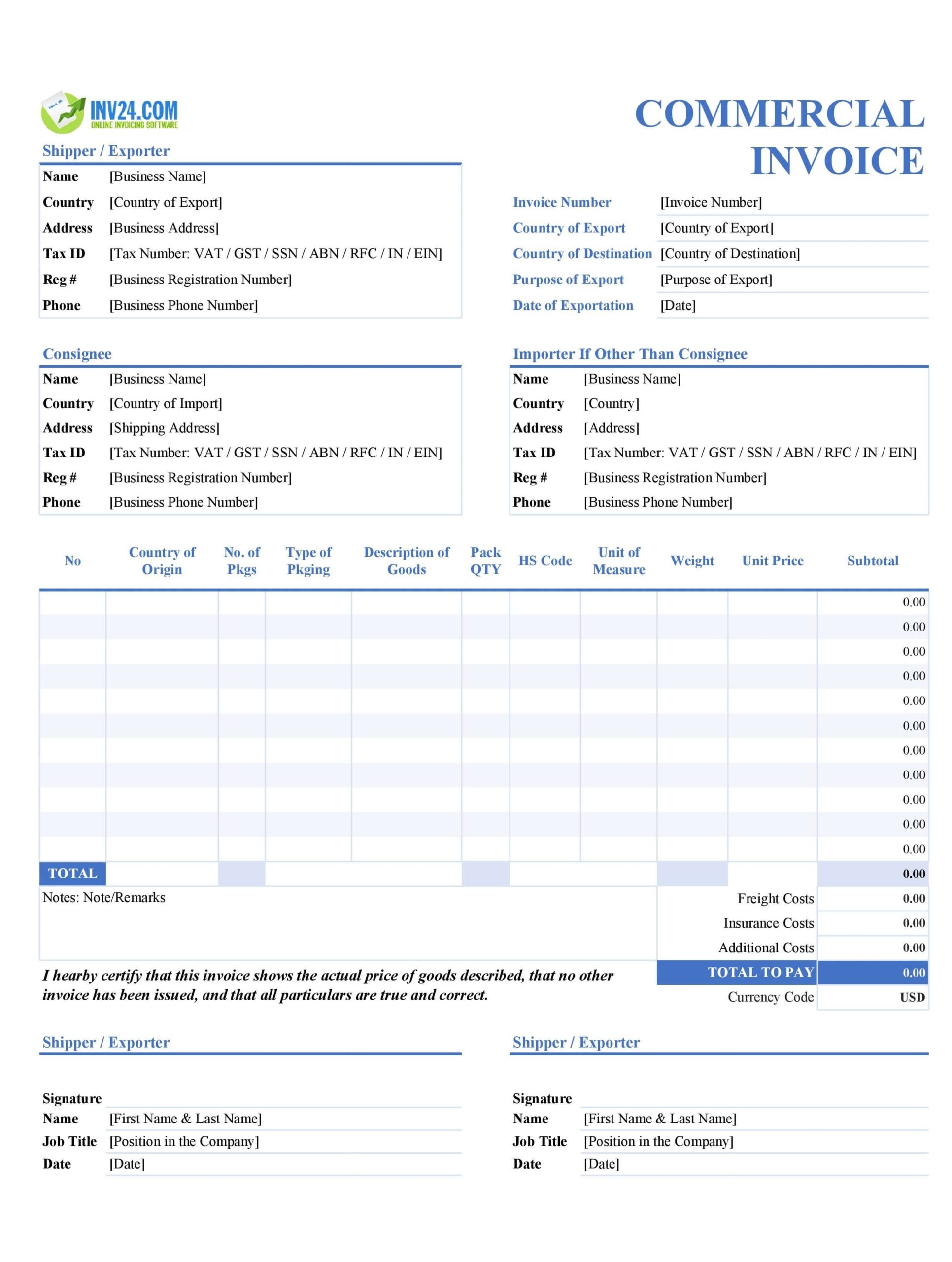 Commercial Invoice Template Excel Google Sheets