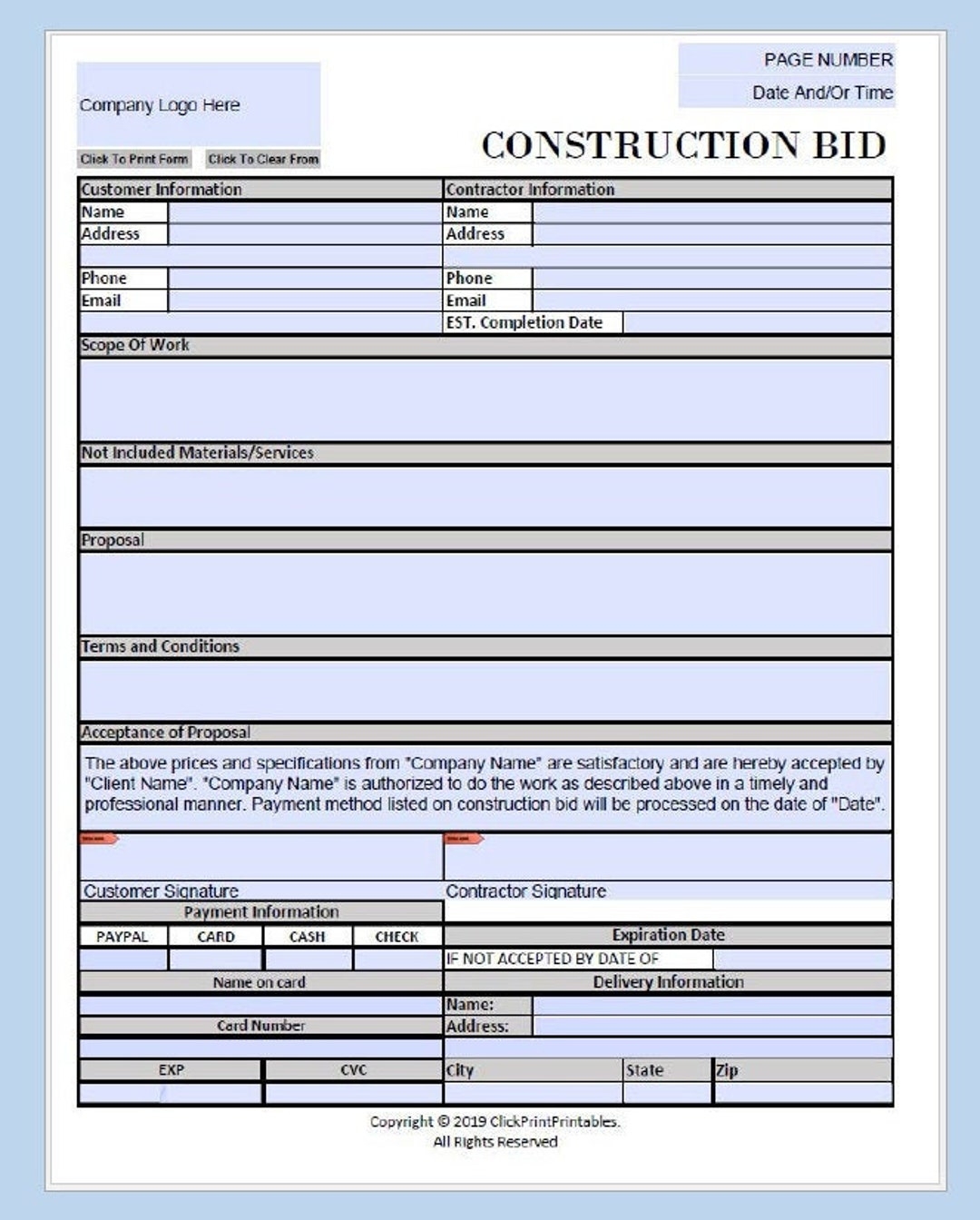 Construction Bid Form Template Printable Fill in PDF 8 5x11 Etsy