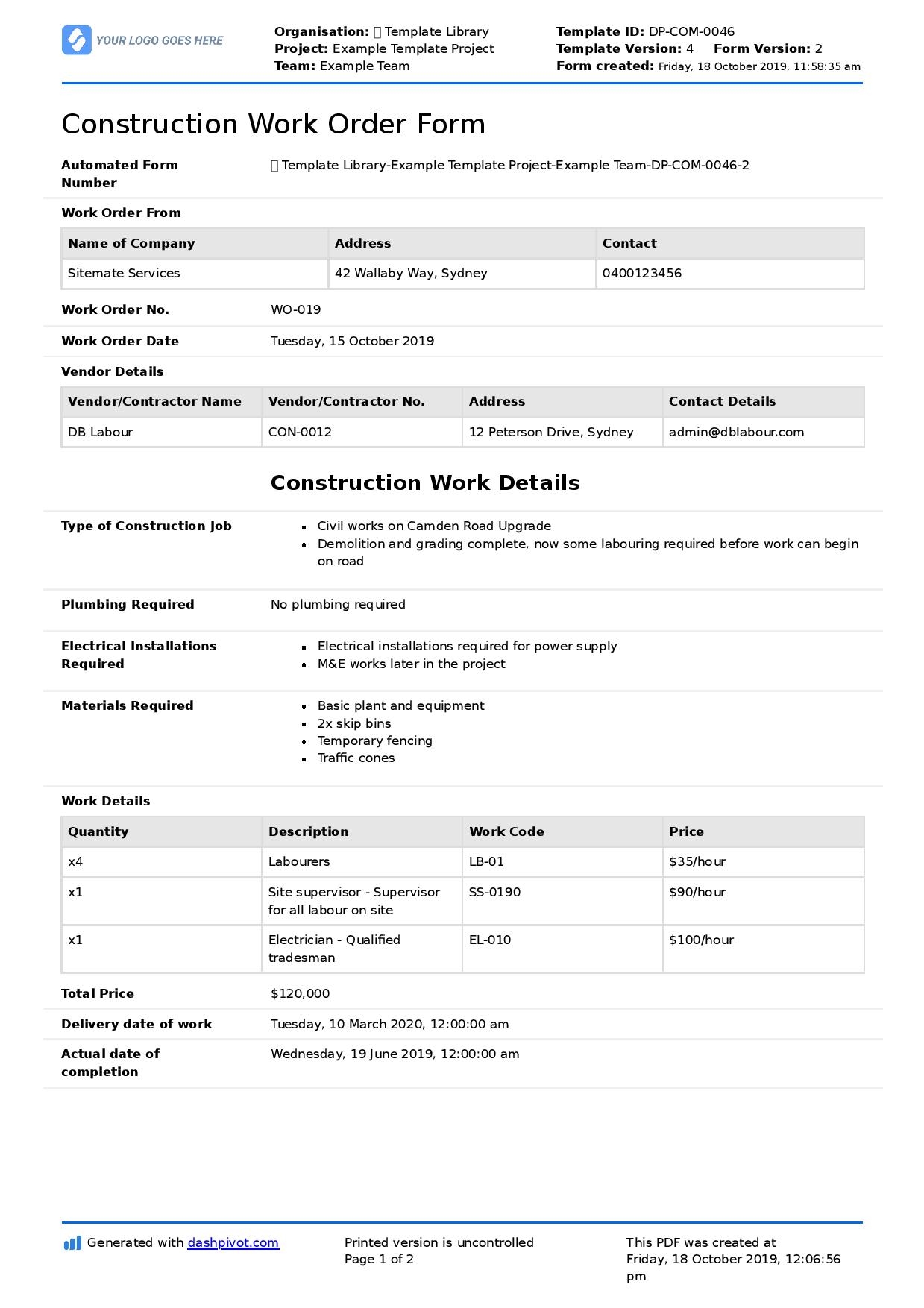 Construction Work Order Template Free Customisable Template 
