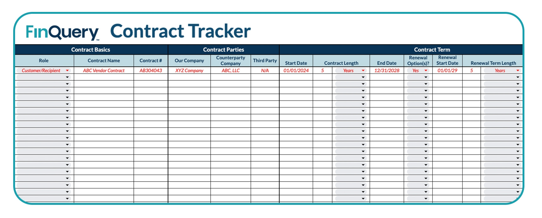 Contract Tracking Spreadsheet Free Excel Template FinQuery