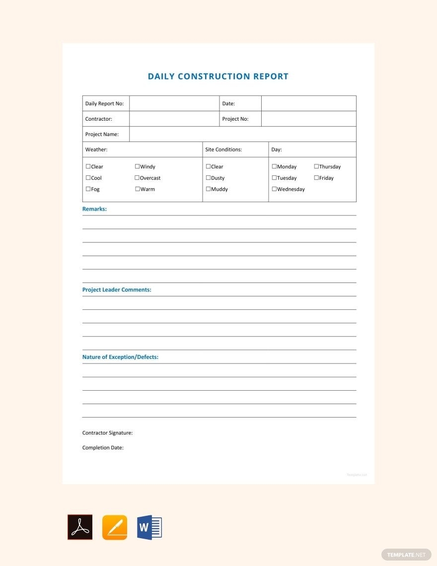 Daily Construction Report Sample Template In Pages PDF Word Google Docs Download Template