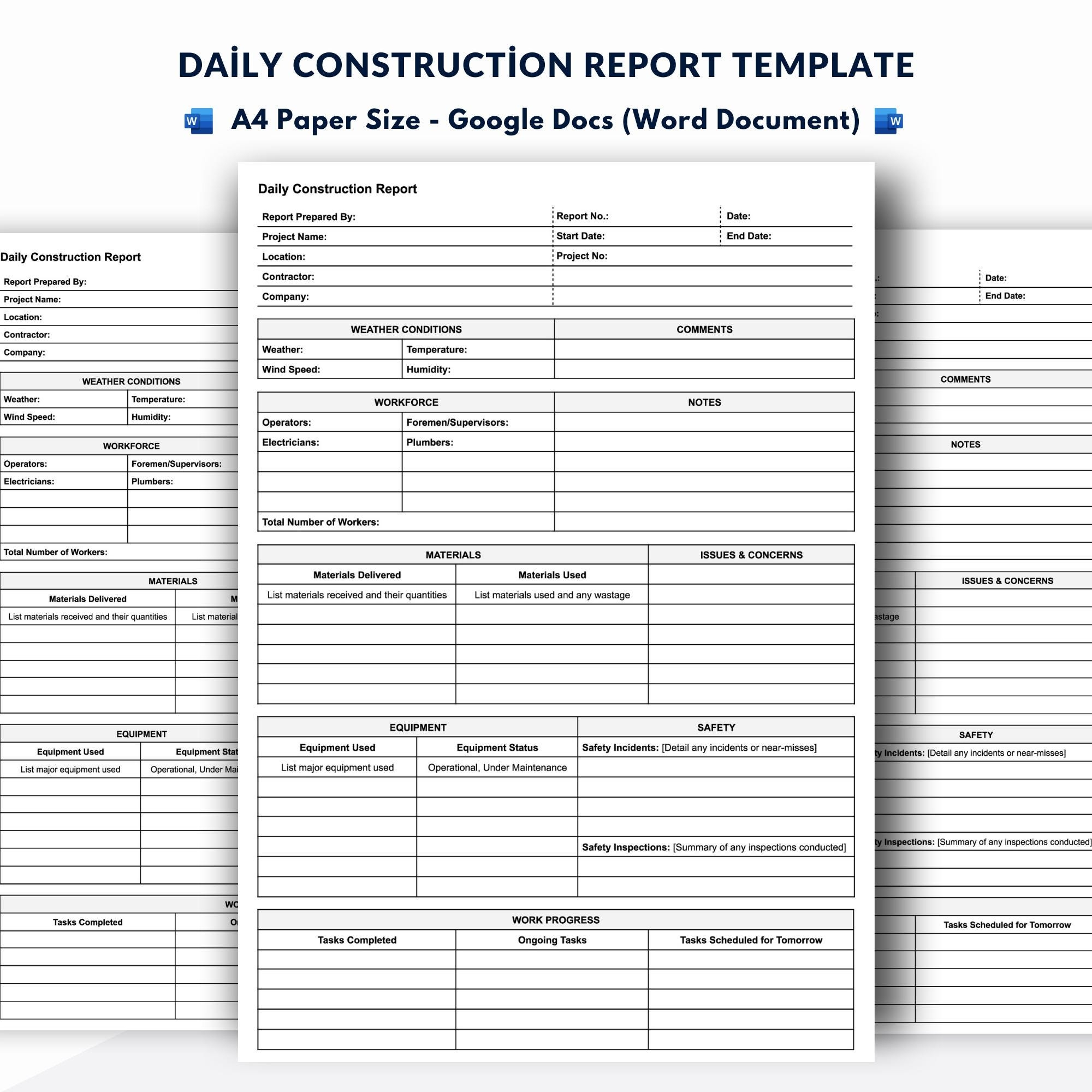 Daily Construction Report Template Google Docs word Document Etsy Israel