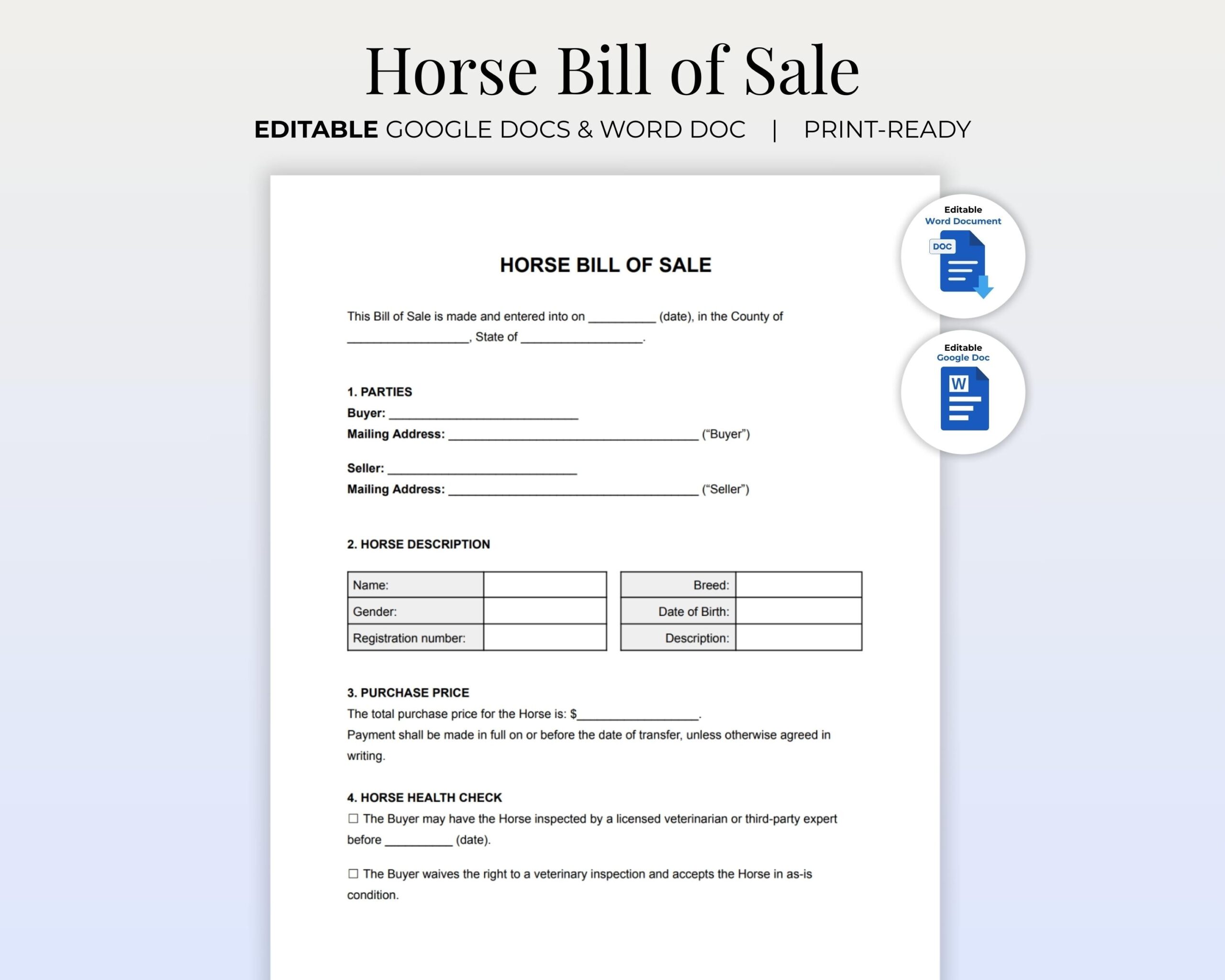 Equine Bill Of Sale Horse Legal Agreement Form Printable Bill Of Sale PDF Google Doc Word Template Transfer Ownership Record Etsy