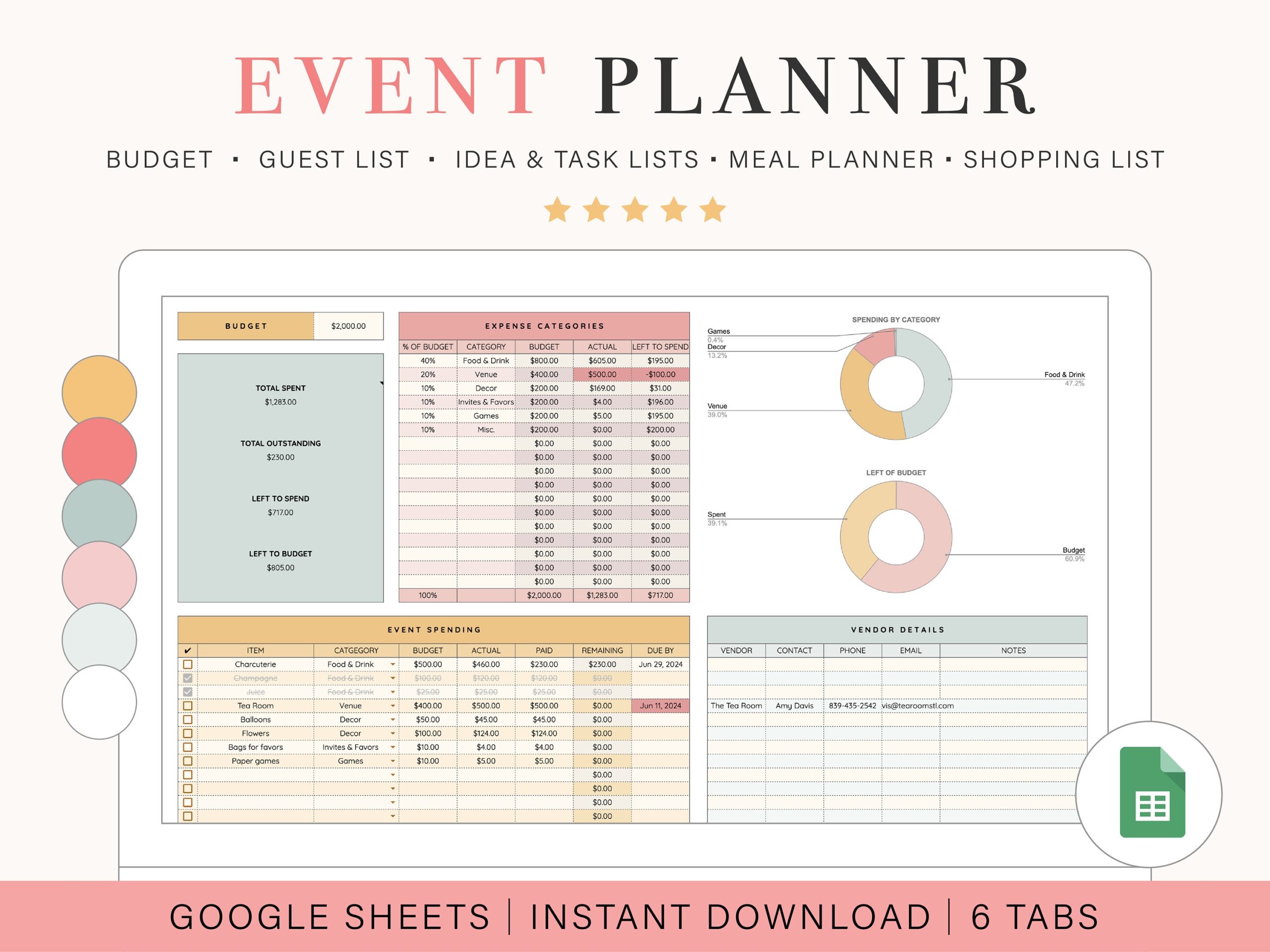 Event Planner Spreadsheet Google Sheets Spreadsheet Template Digital Party Planner Etsy