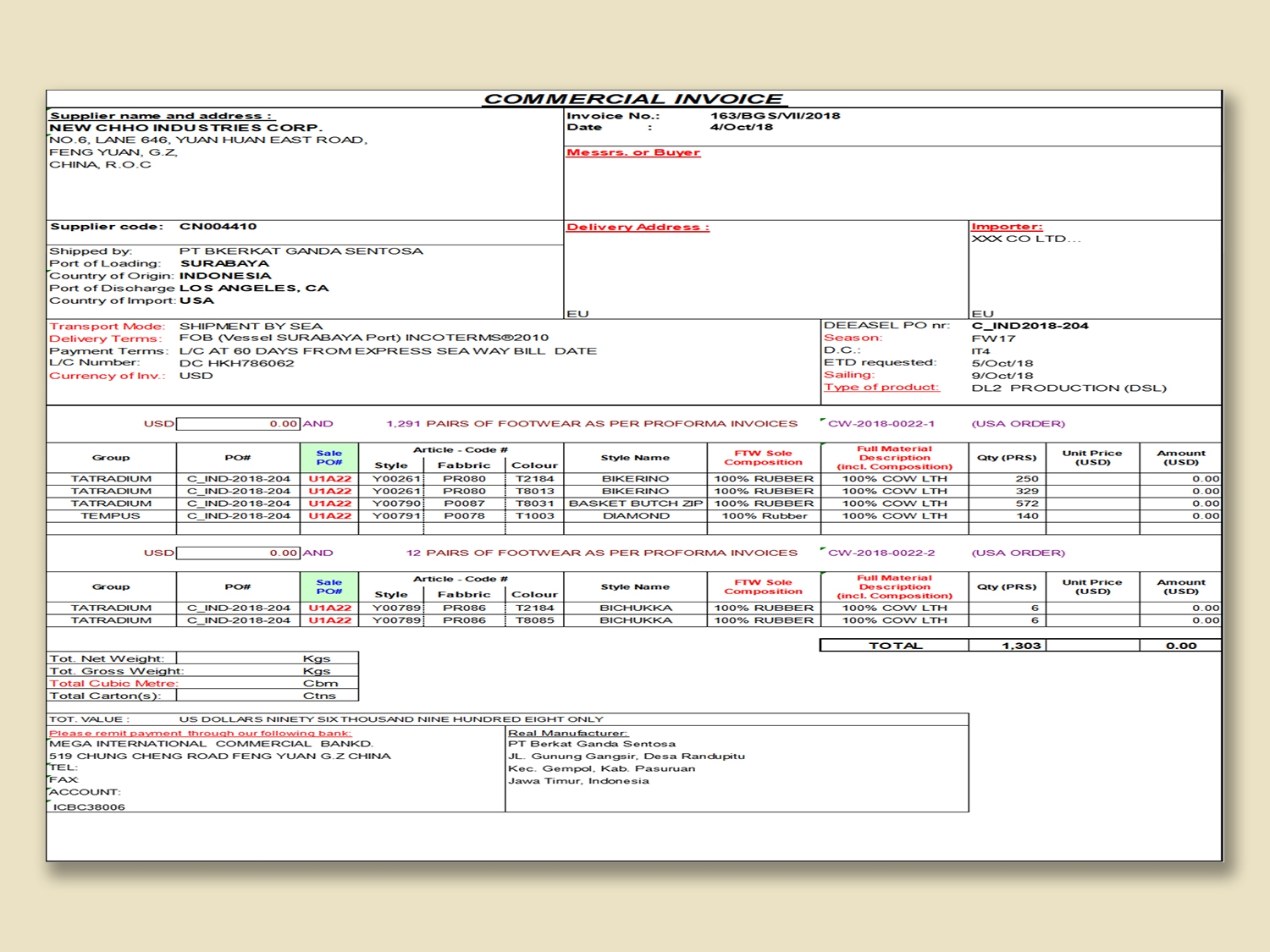 EXCEL Of Commercial Invoice For Foreign xls WPS Free Templates