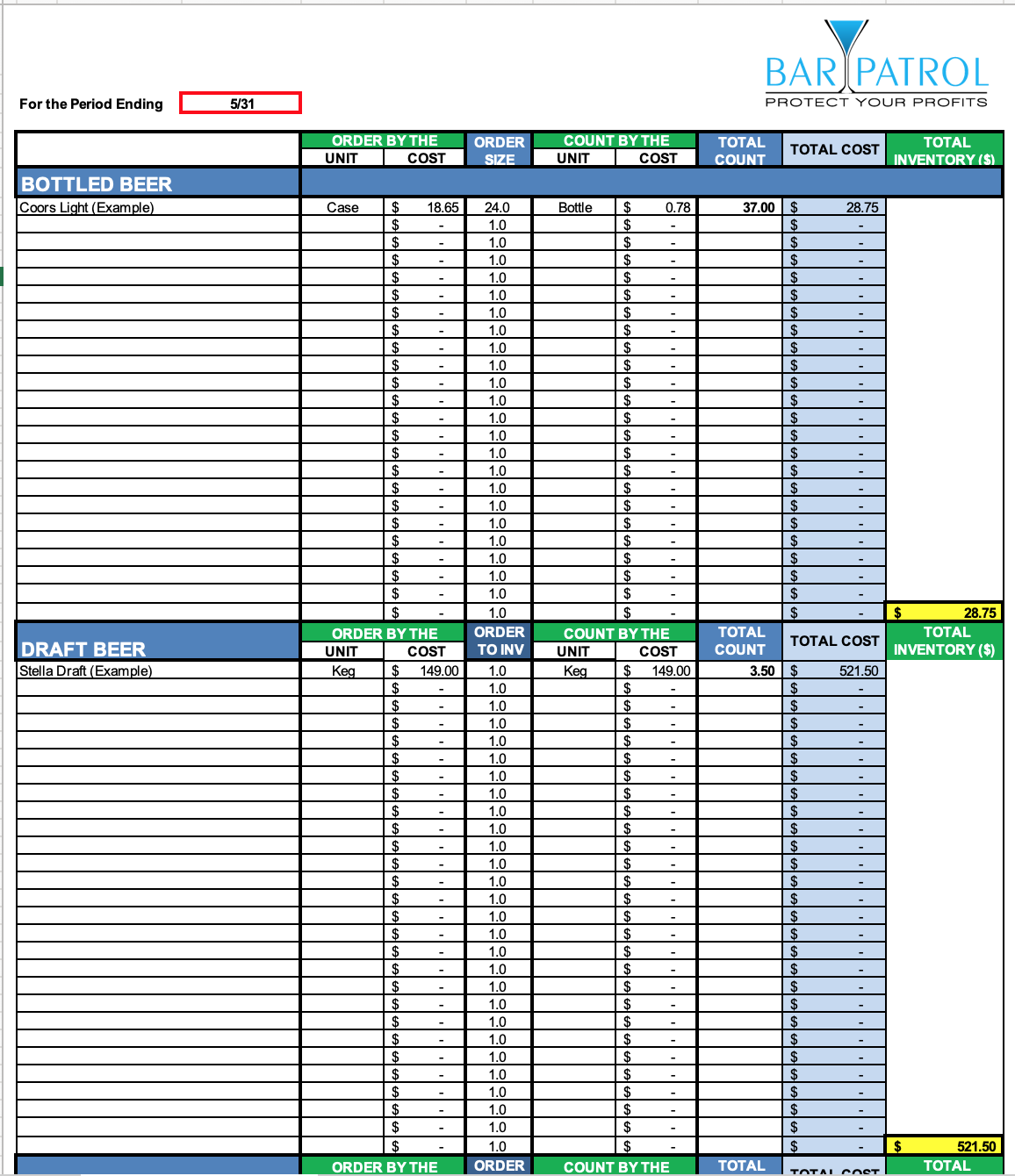 Free Bar Inventory Spreadsheet Bar Patrol