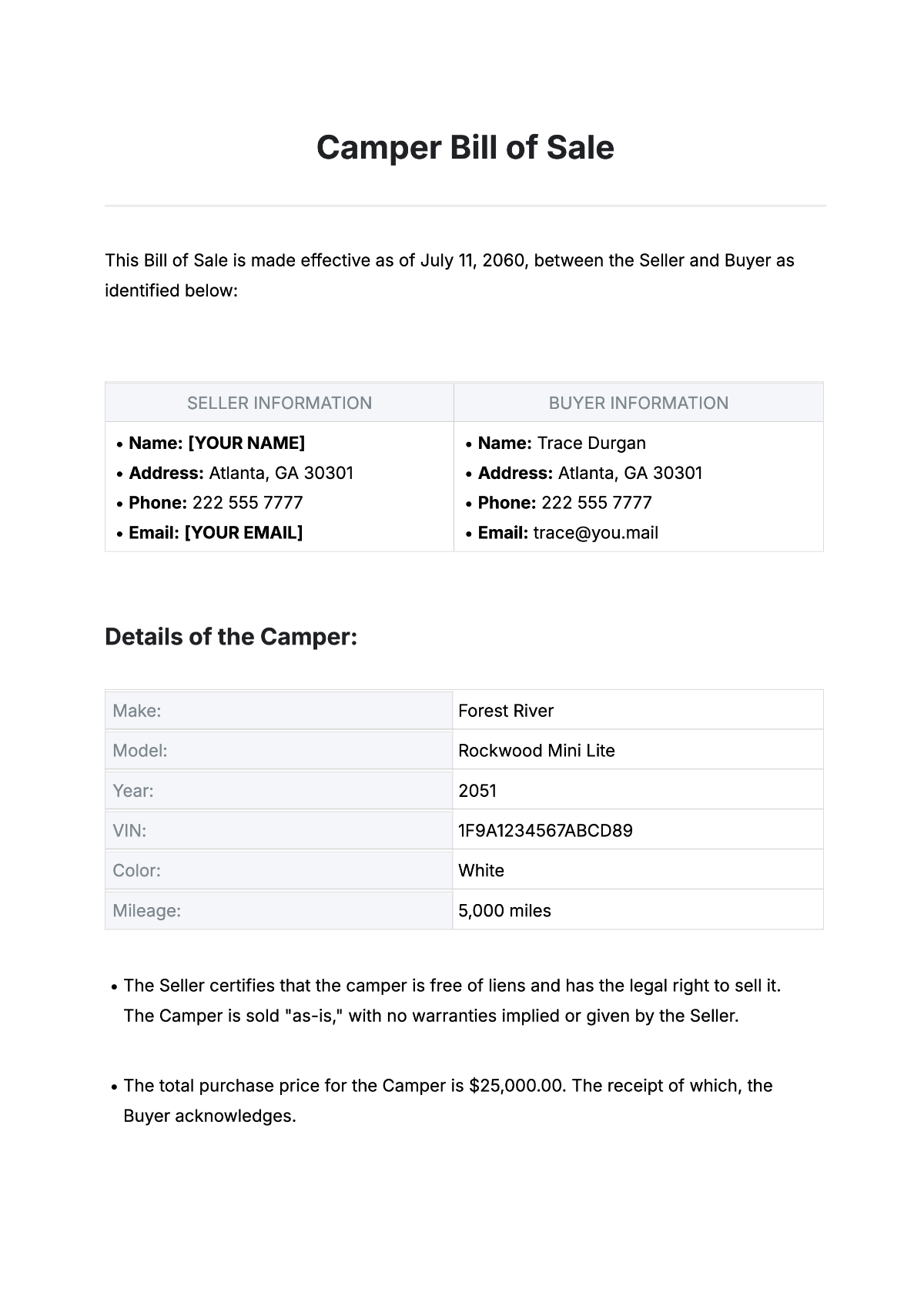 bill of sale camper
