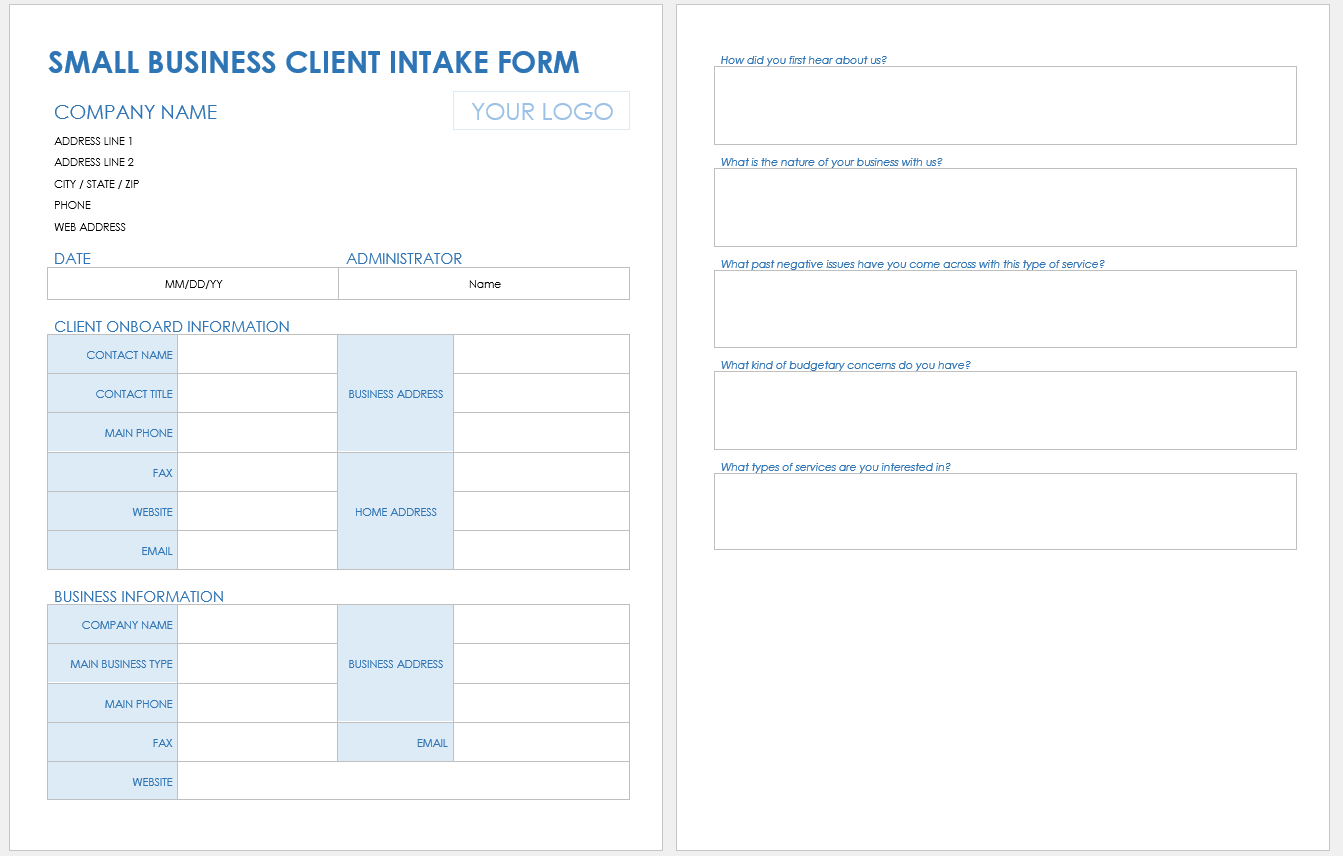 customer intake form template