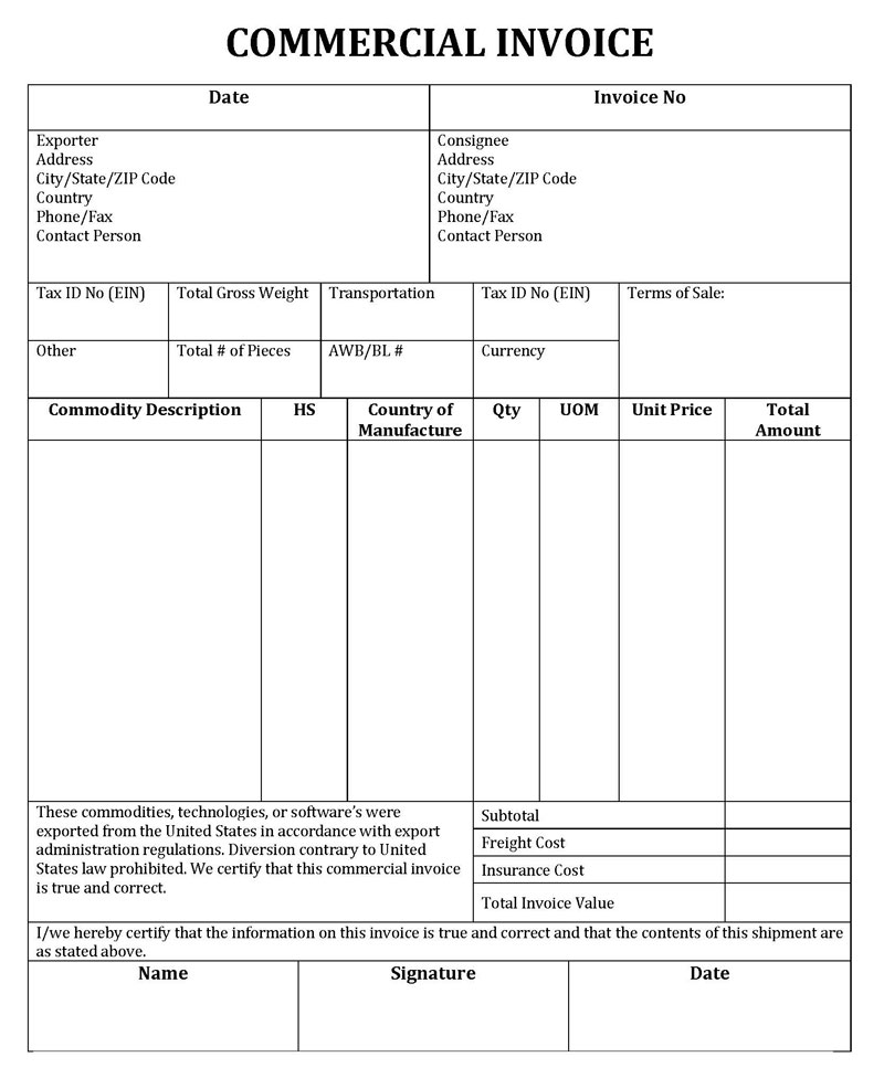 Free Commercial Invoice Templates Excel Word PDF 