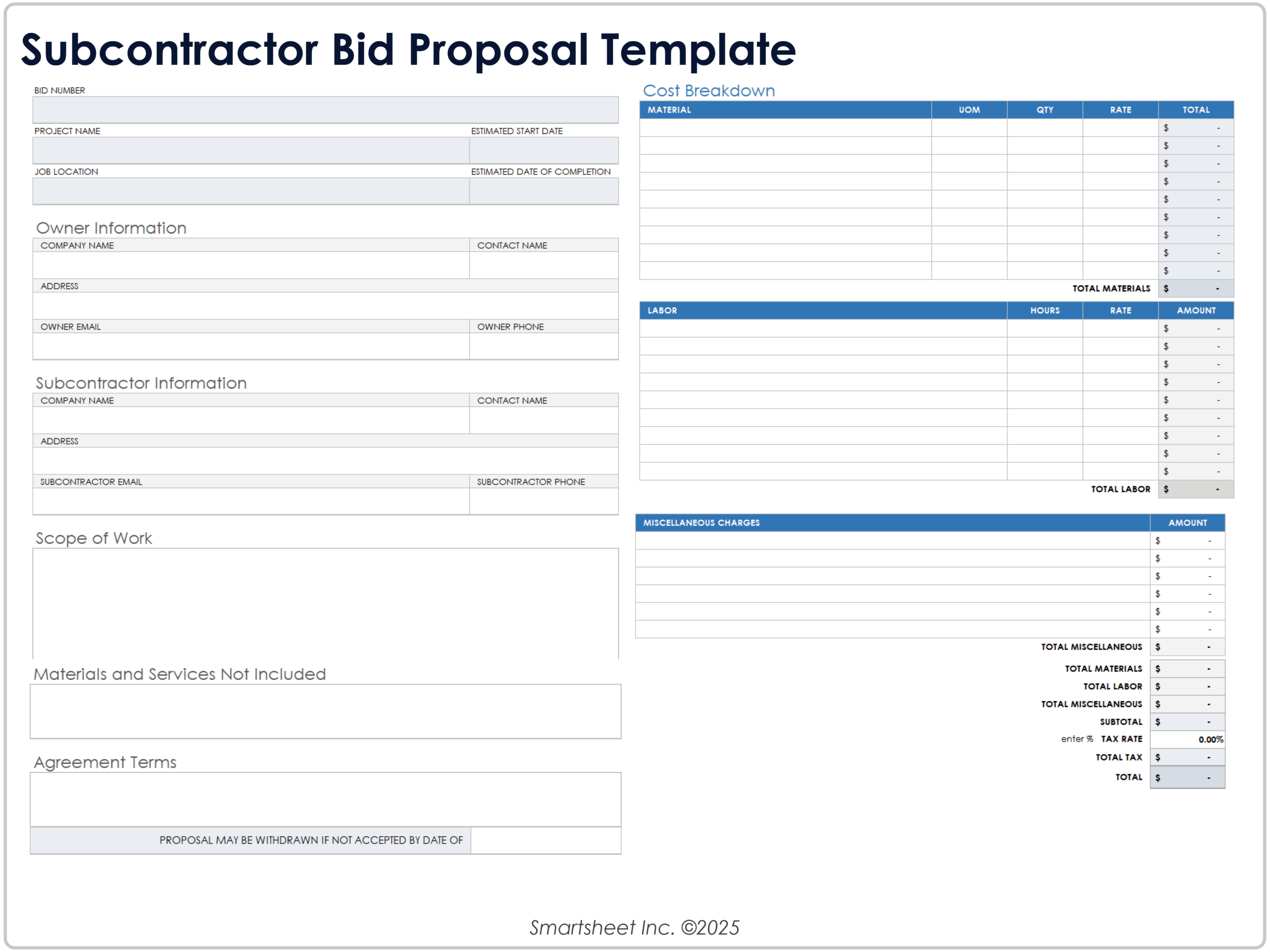 Free Construction Bid Templates And Forms