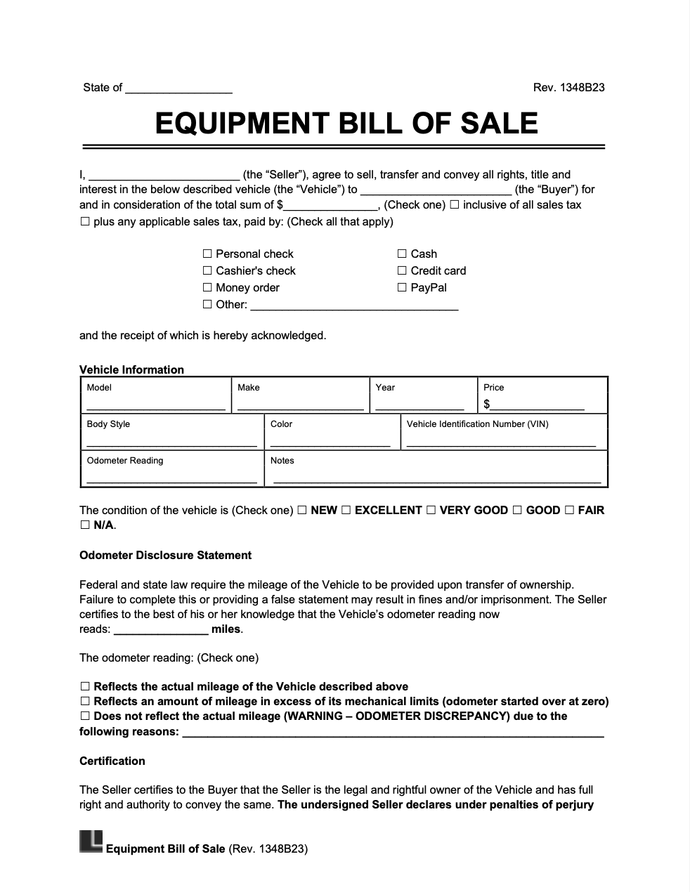 Free Equipment Bill Of Sale Template PDF Word
