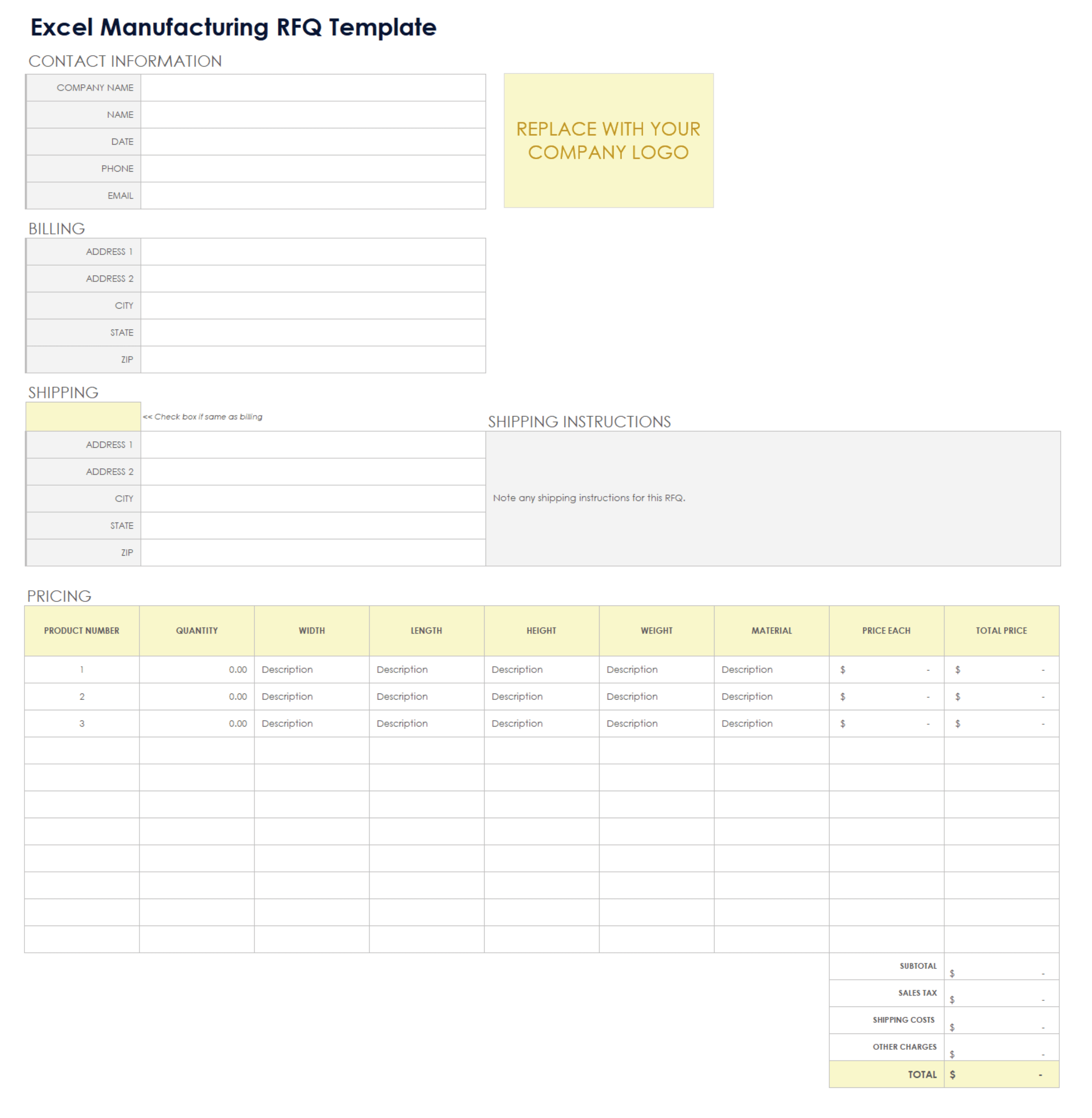 Free Excel RFQ Templates Forms Trackers