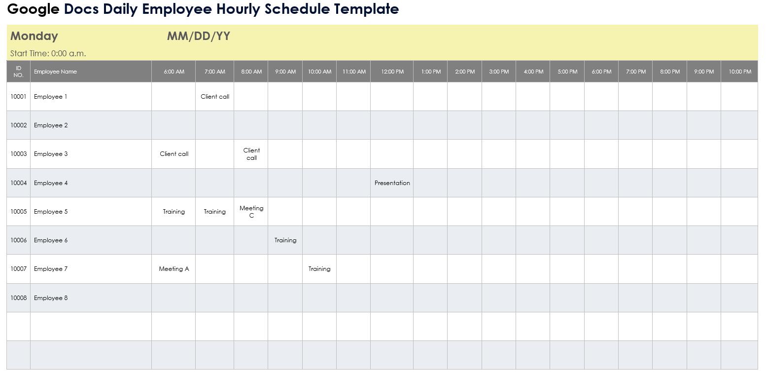 Free Google Docs Hourly Schedule Templates Printable Editable