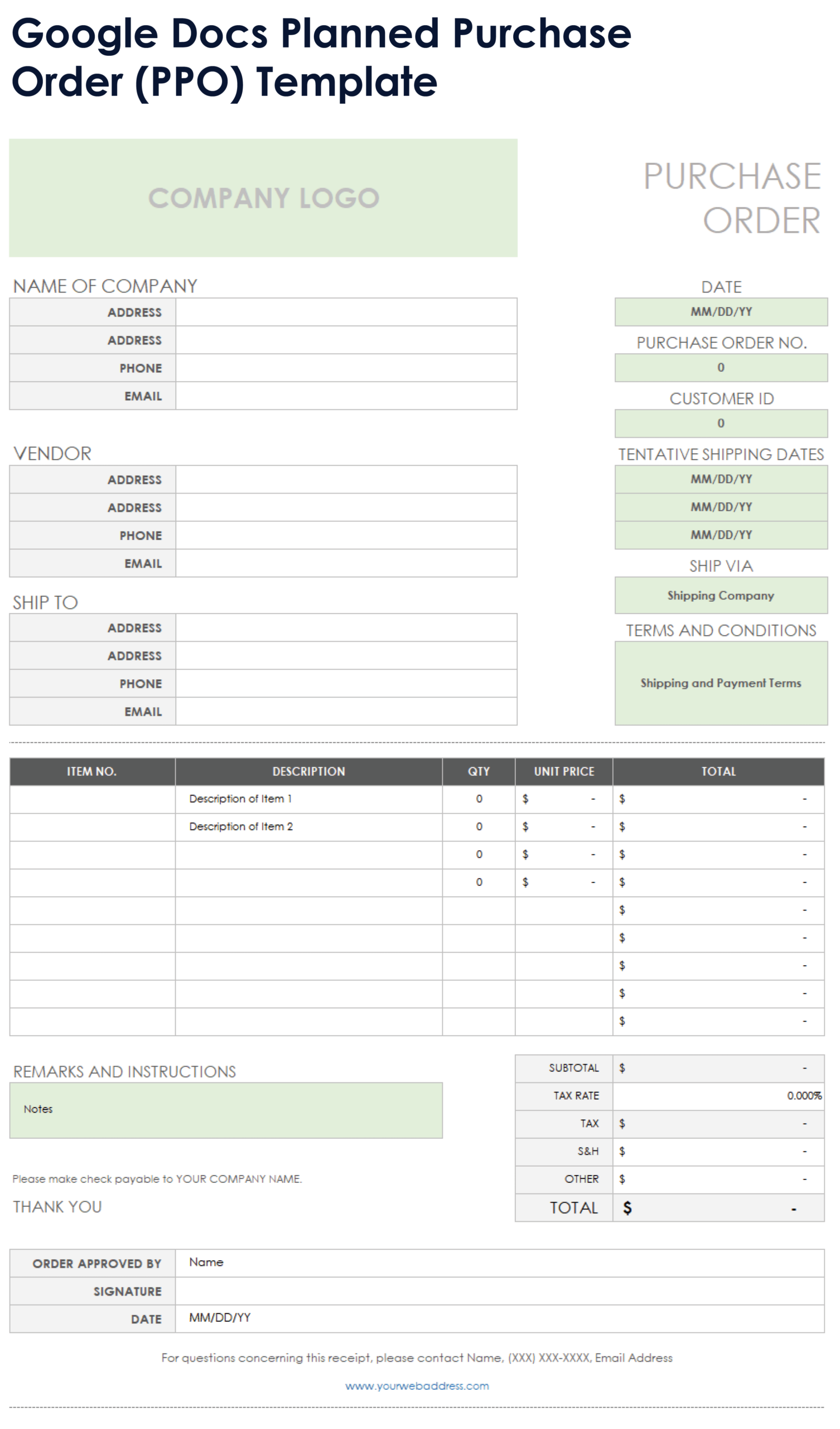 Free Google Docs Purchase Order Templates Letters Forms