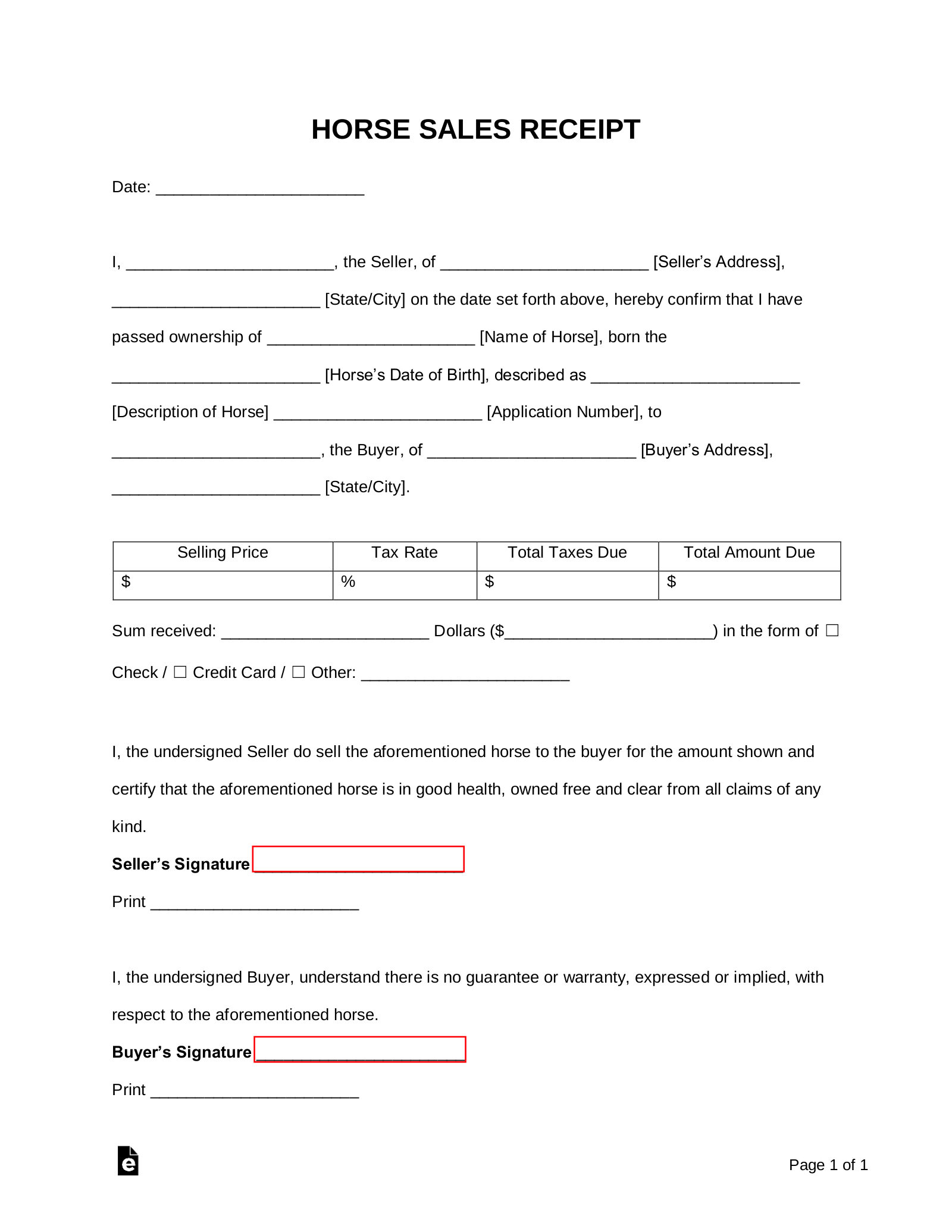 Free Horse Sale Receipt Template PDF Word EForms