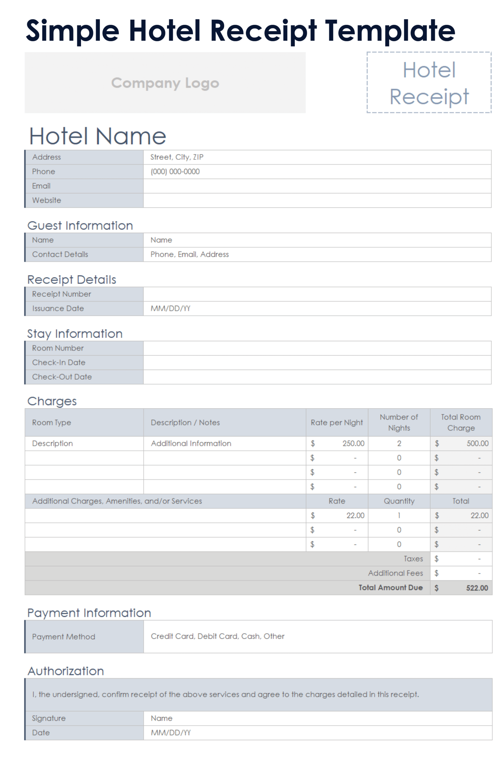 hotel receipt template word