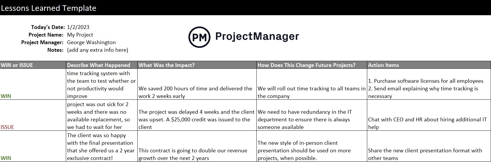 Free Lessons Learned Template For Excel ProjectManager