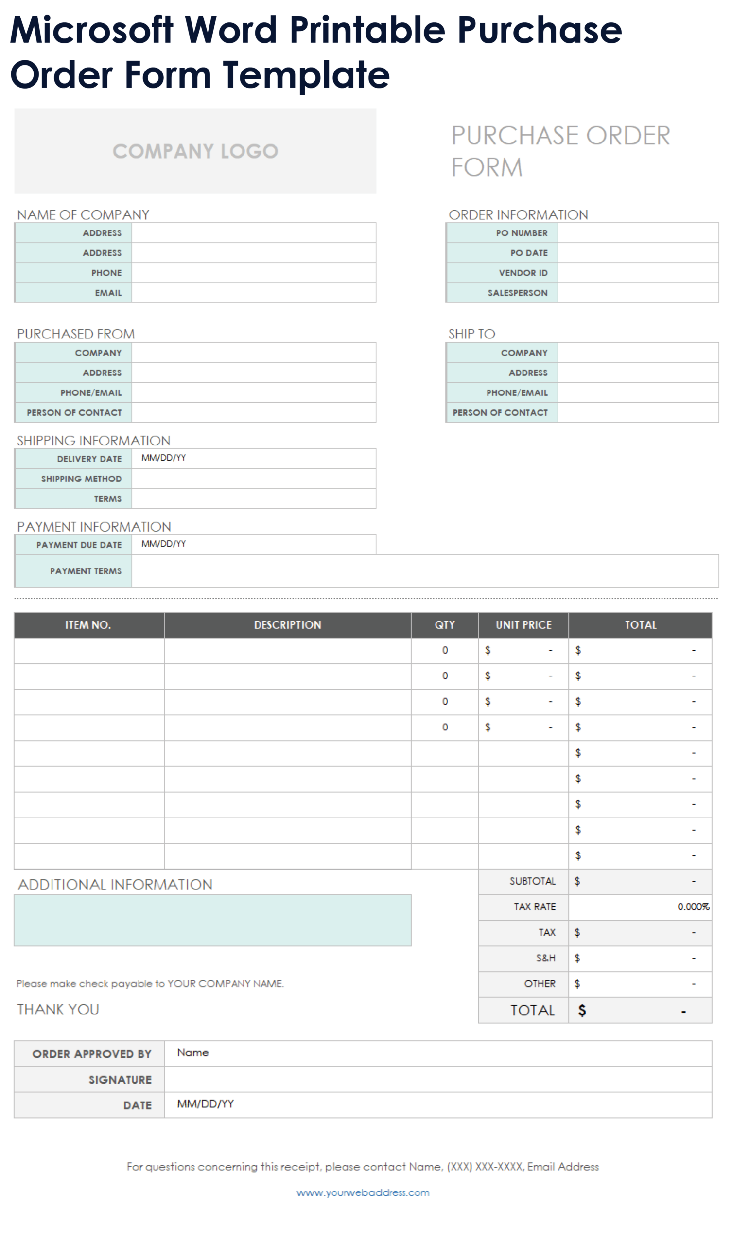 Free MS Word Purchase Order Templates Forms Letters