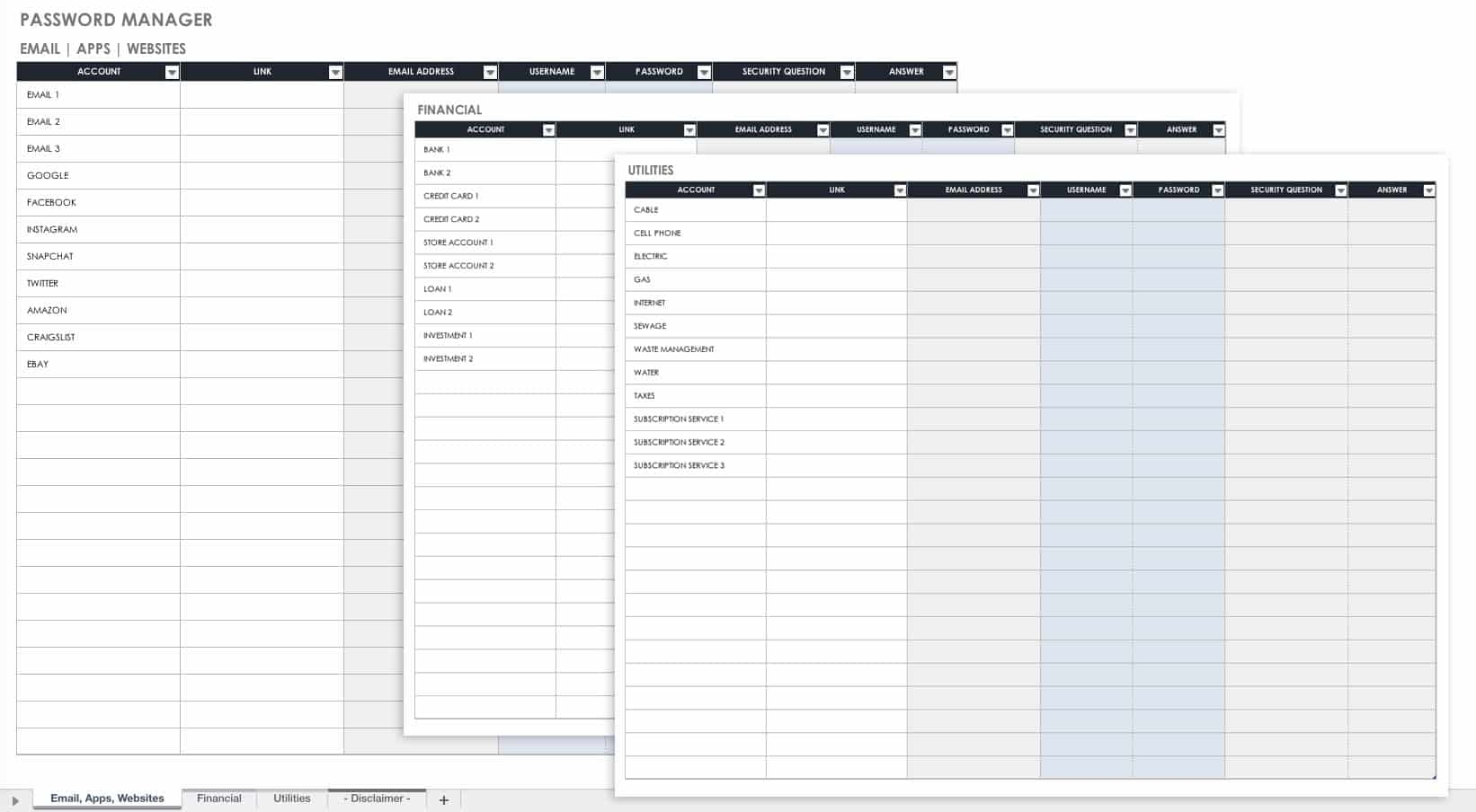 password manager excel template