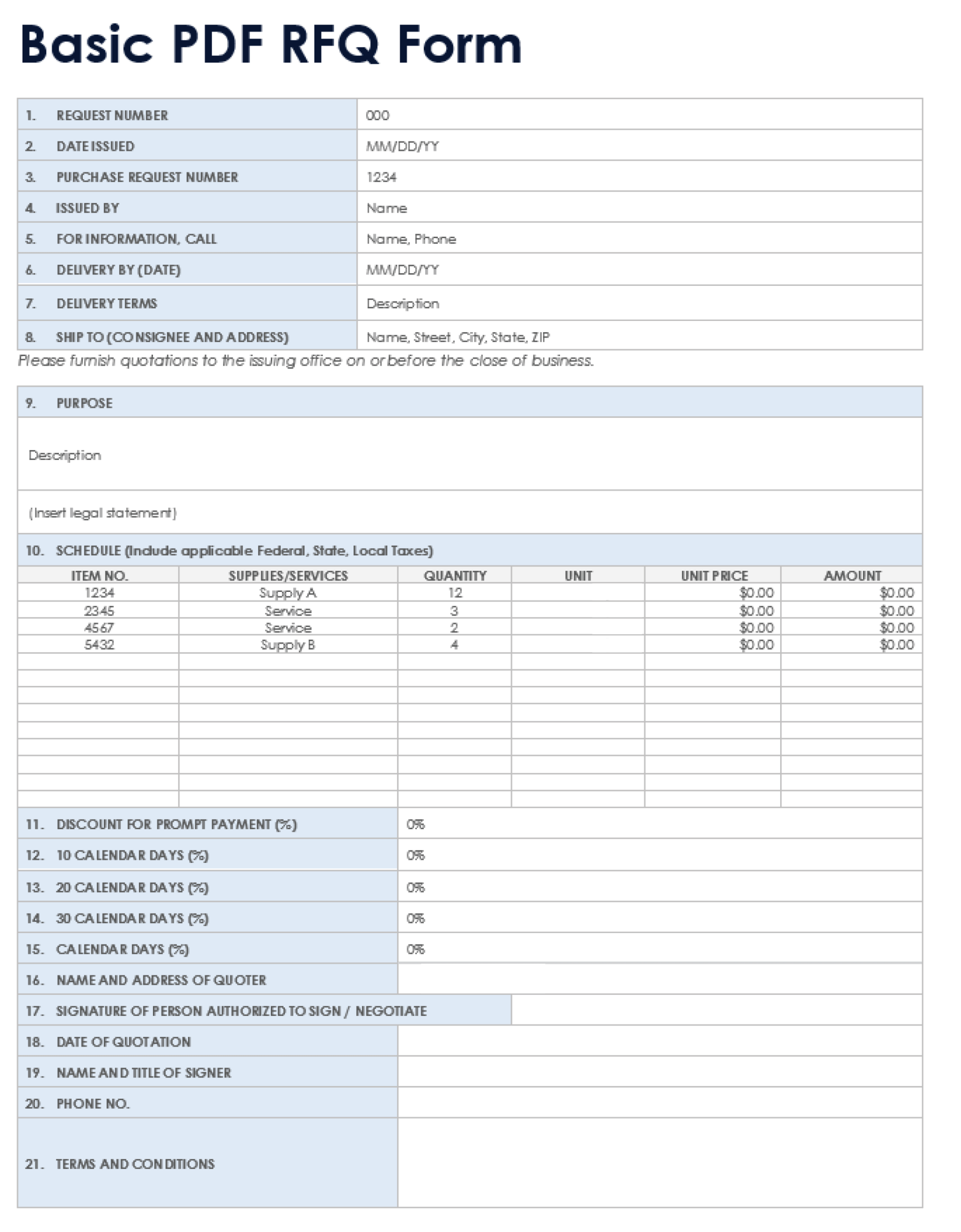 Free PDF Request For Quote RFQ Templates Forms
