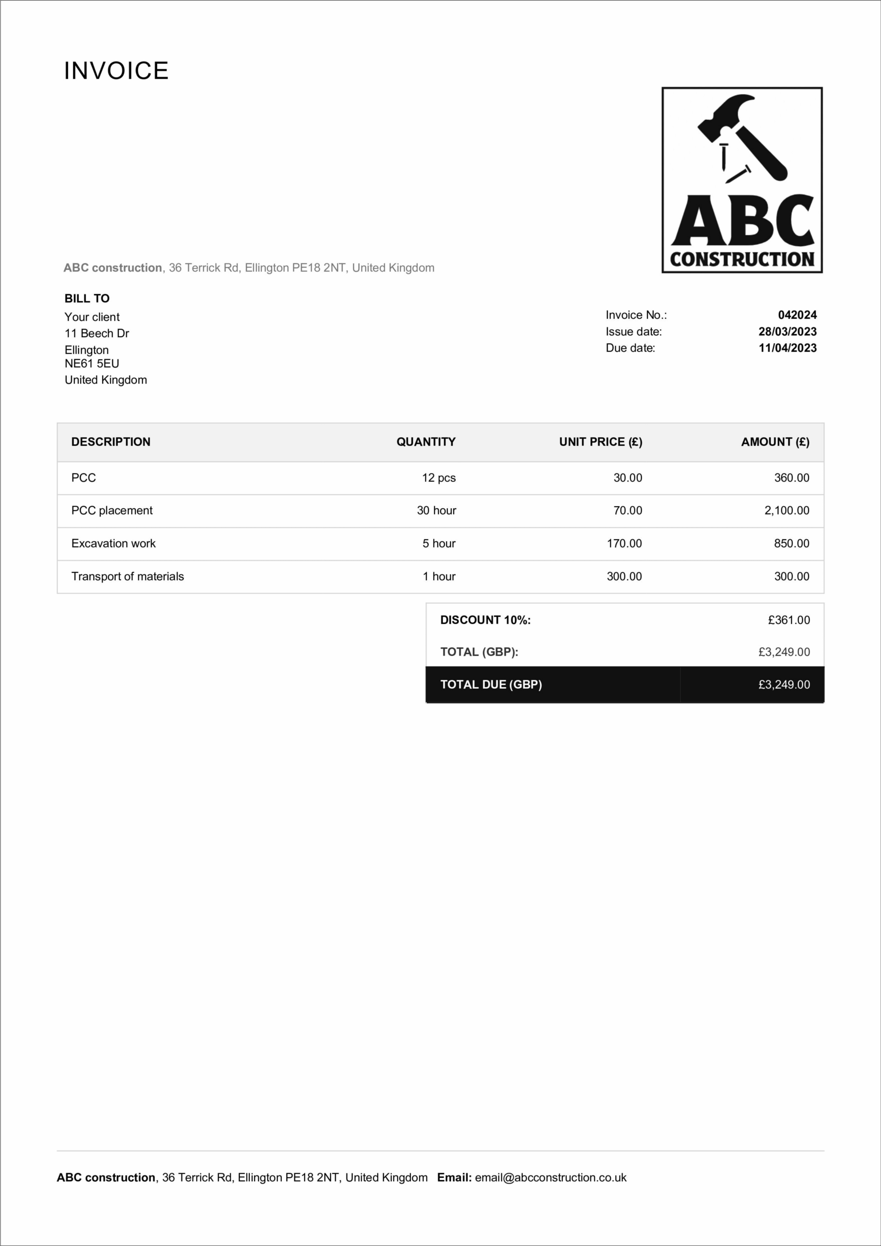 sample invoice for construction