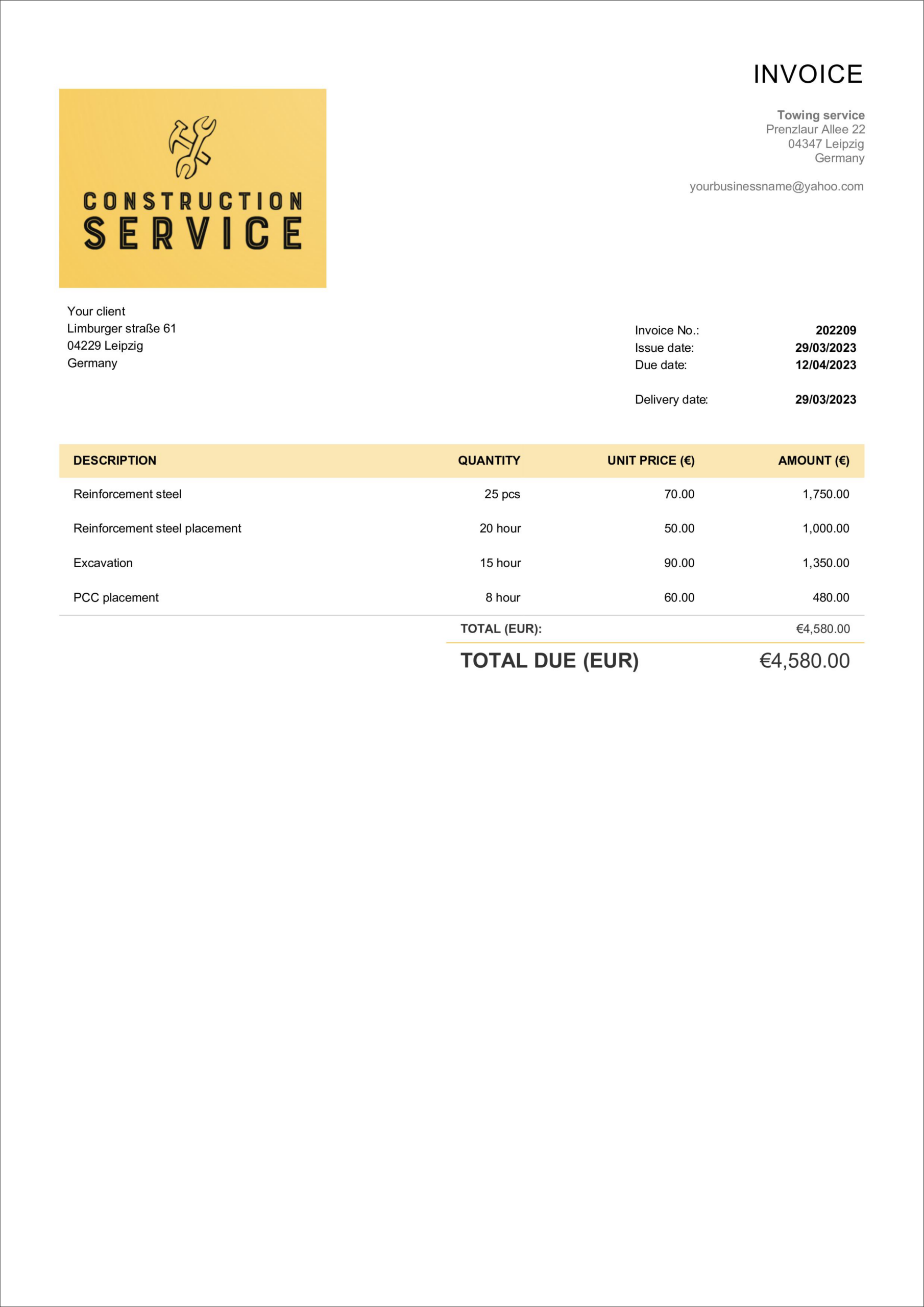 Free Professional Construction Invoice Templates Billdu