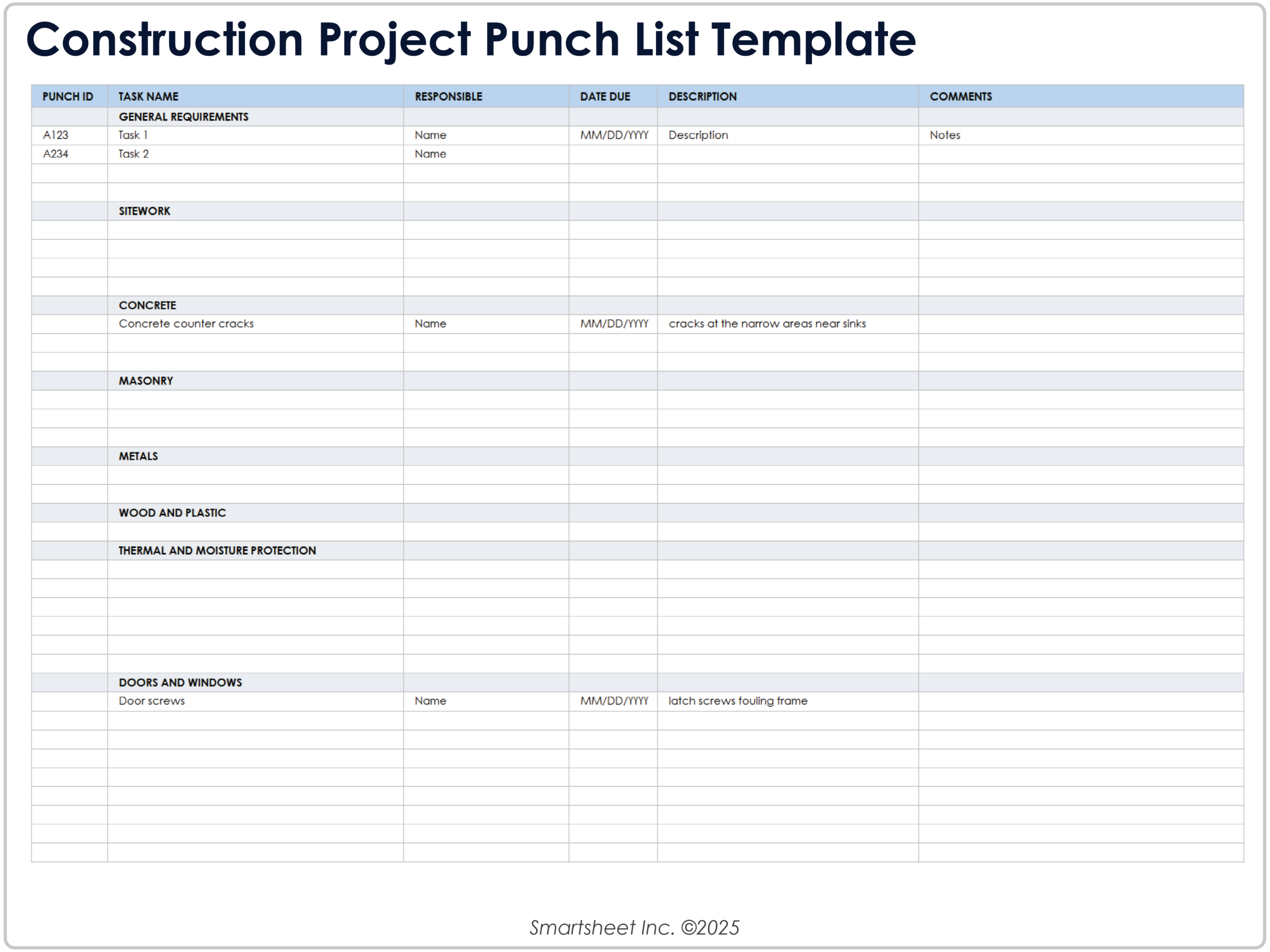 construction punch list sample