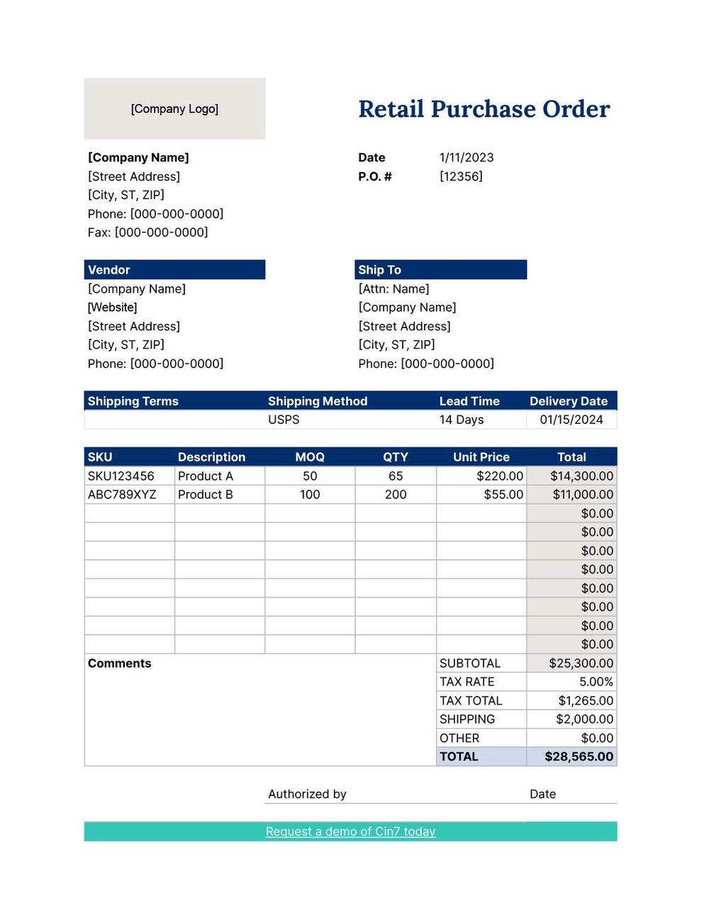 Free Purchase Order Template Excel PDF More Cin7