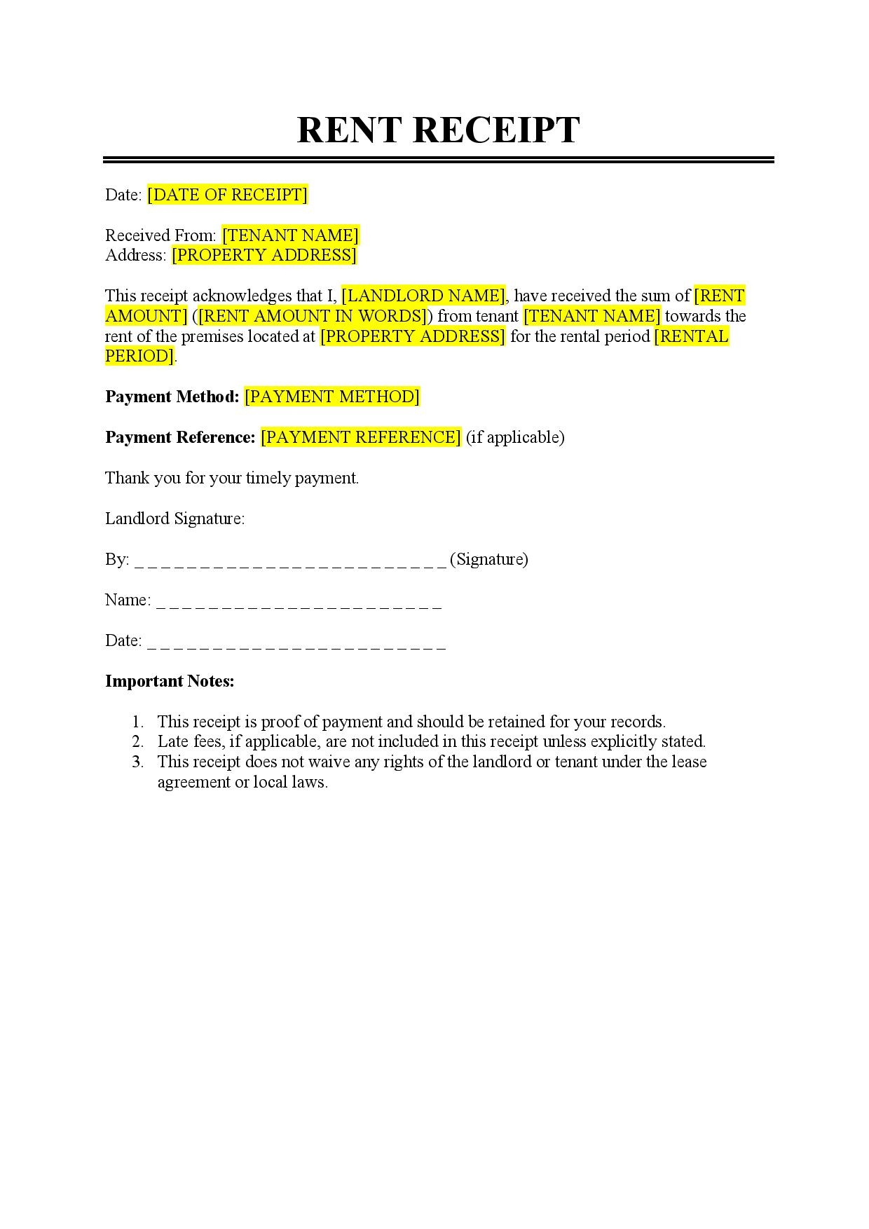 Free Rent Receipt Template PDF Word