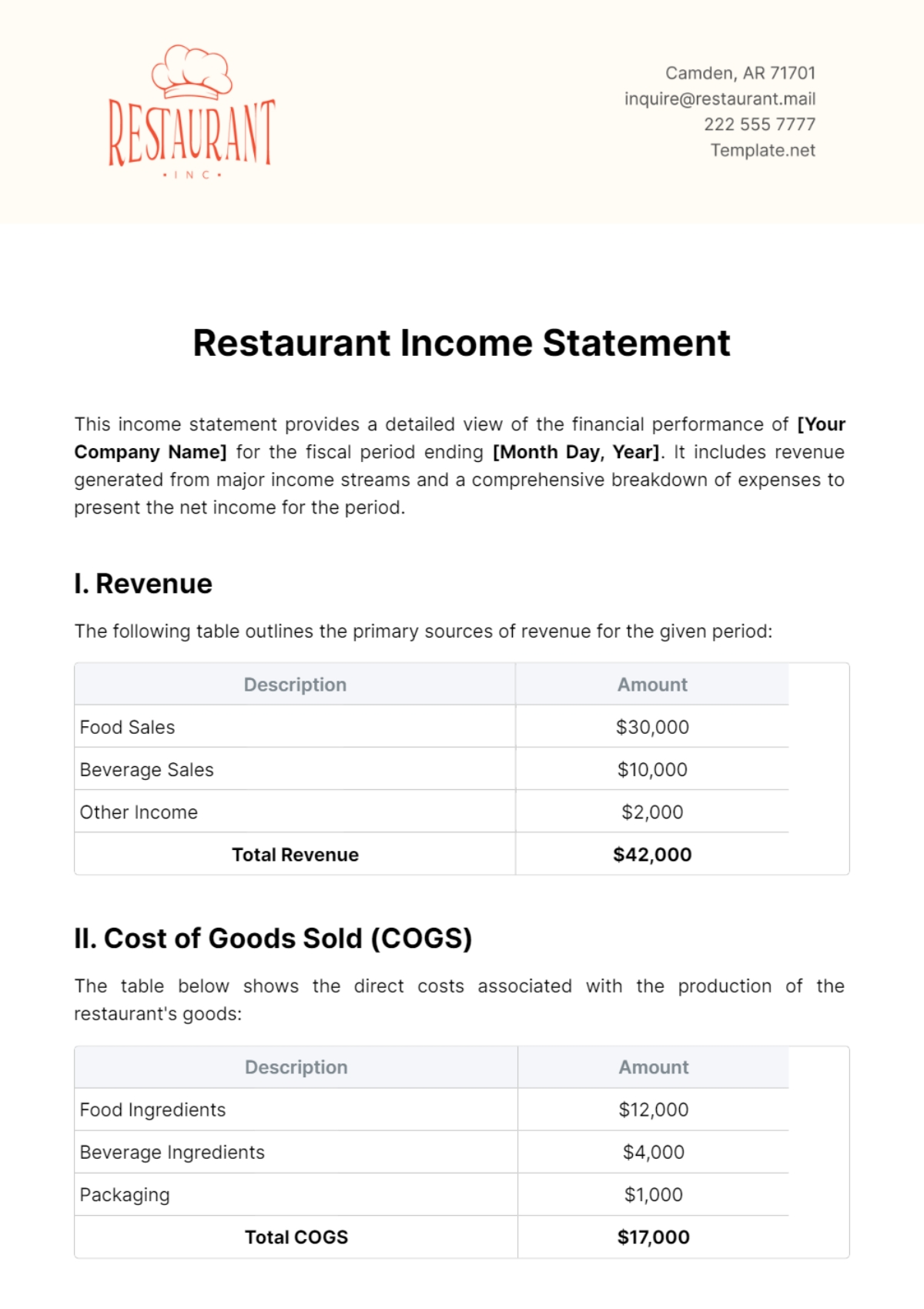 Free Restaurant Income Statement Template To Edit Online