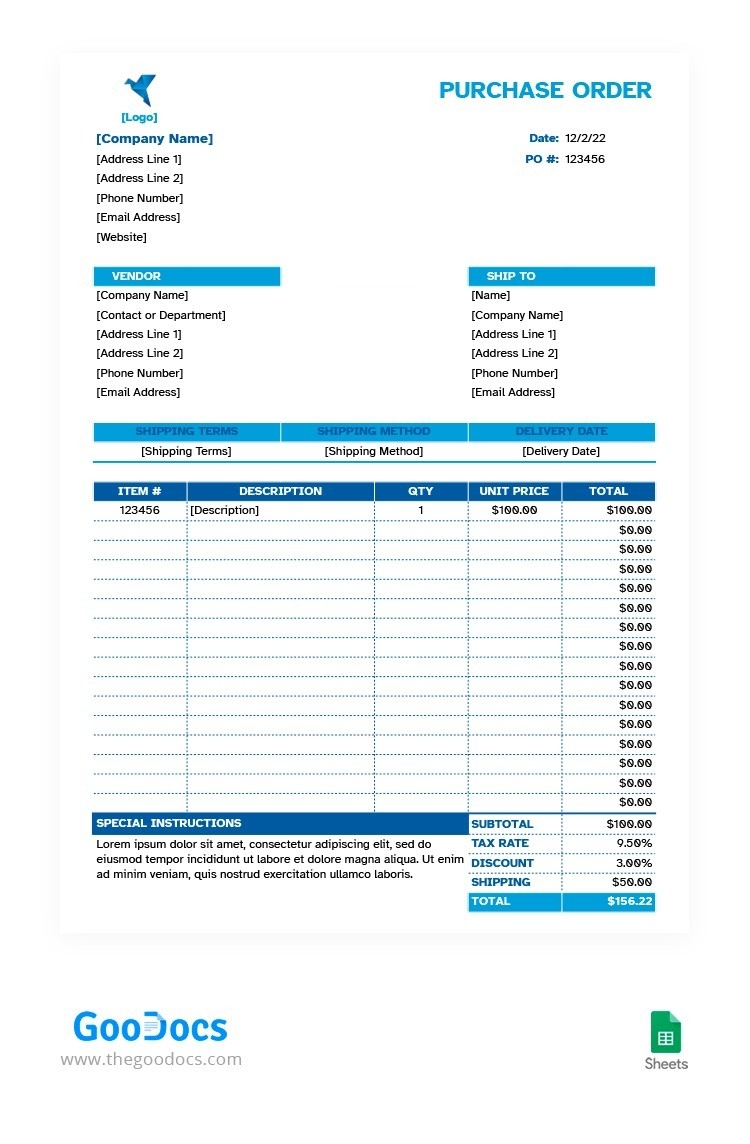 Free Simple Purchase Order Template In Google Sheets