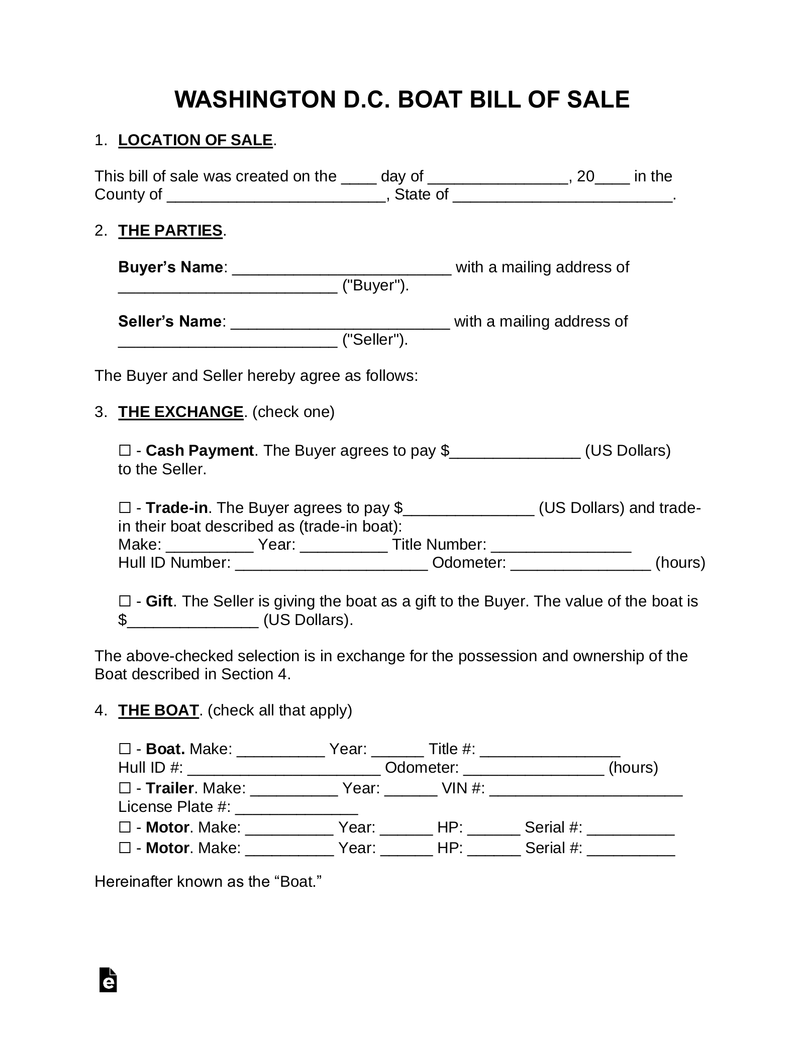 Free Washington D C Boat Bill Of Sale Form PDF Word EForms