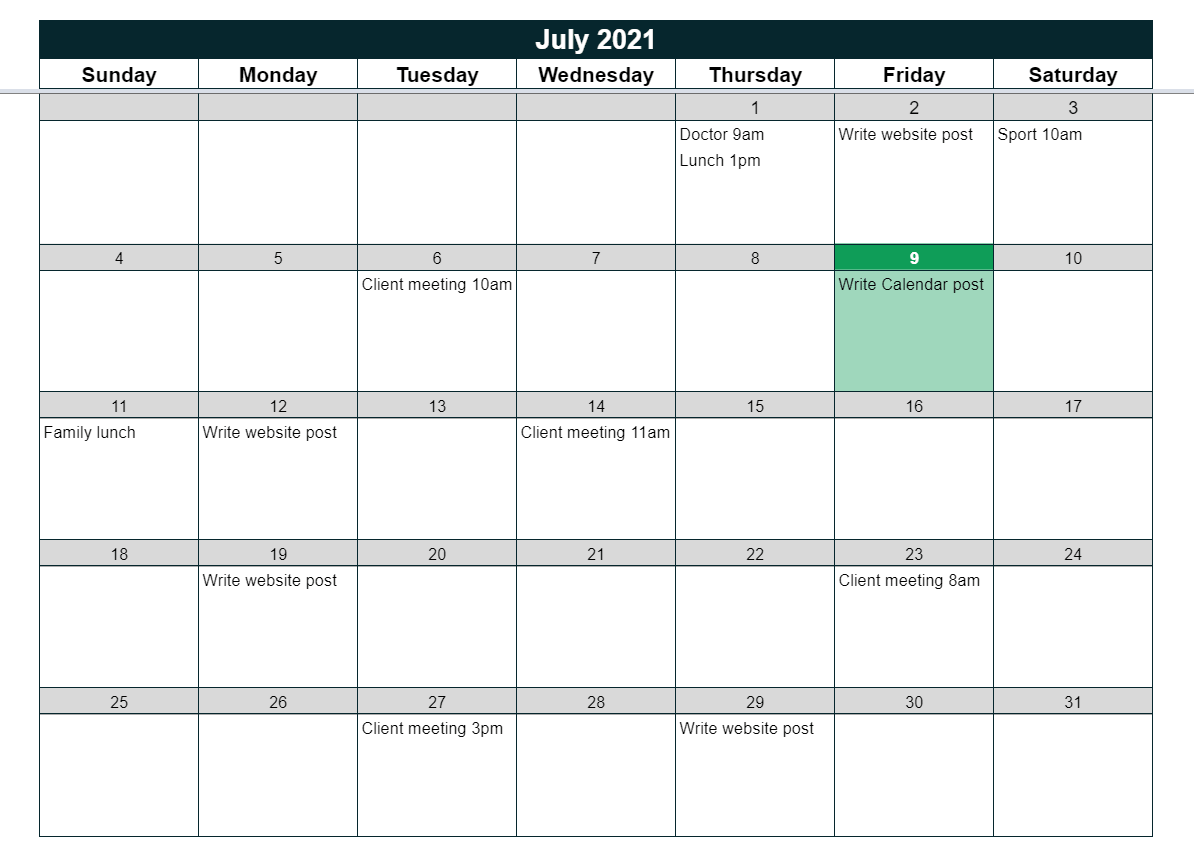 Google Sheets Calendar Template Kieran Dixon