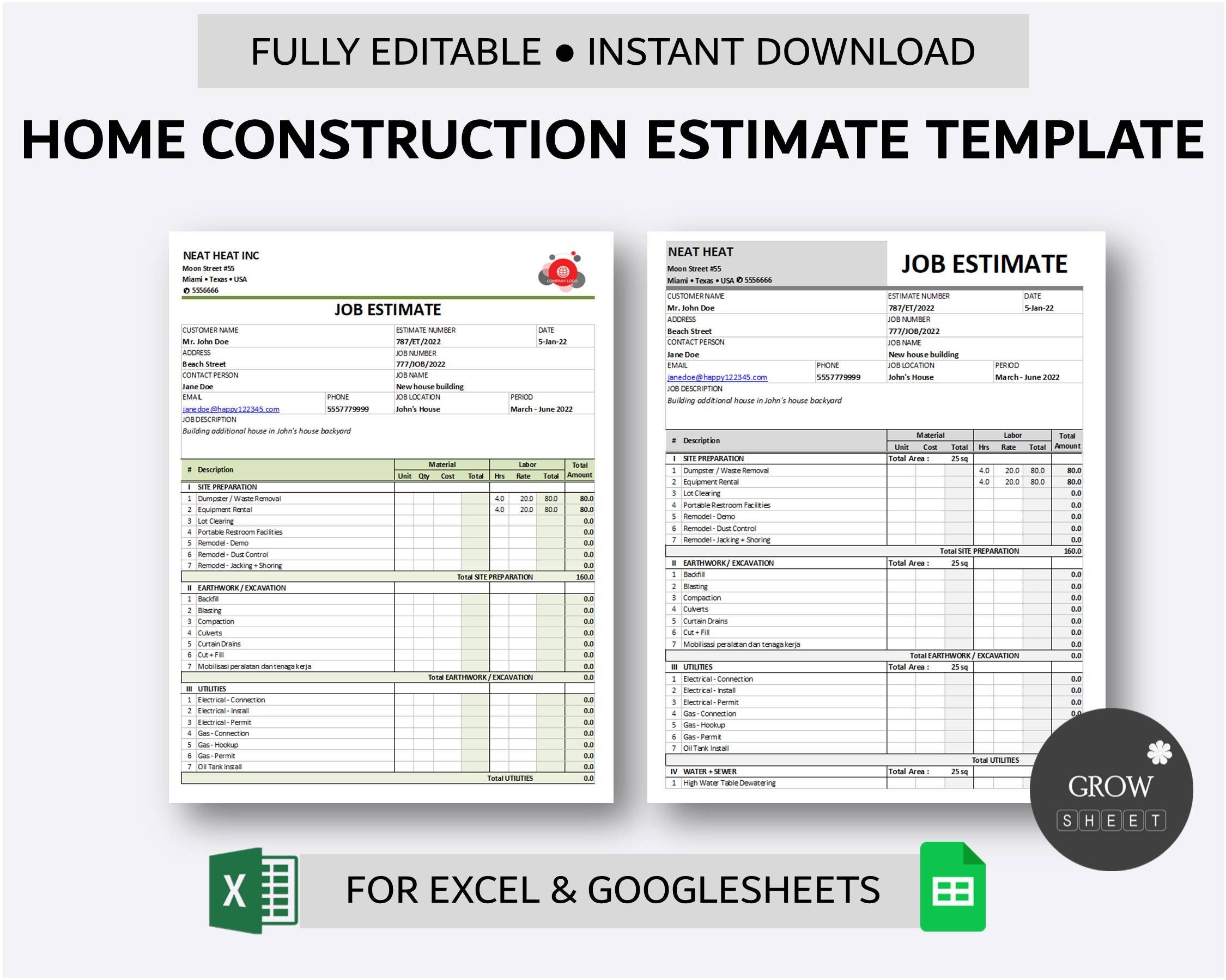 construction estimate format excel