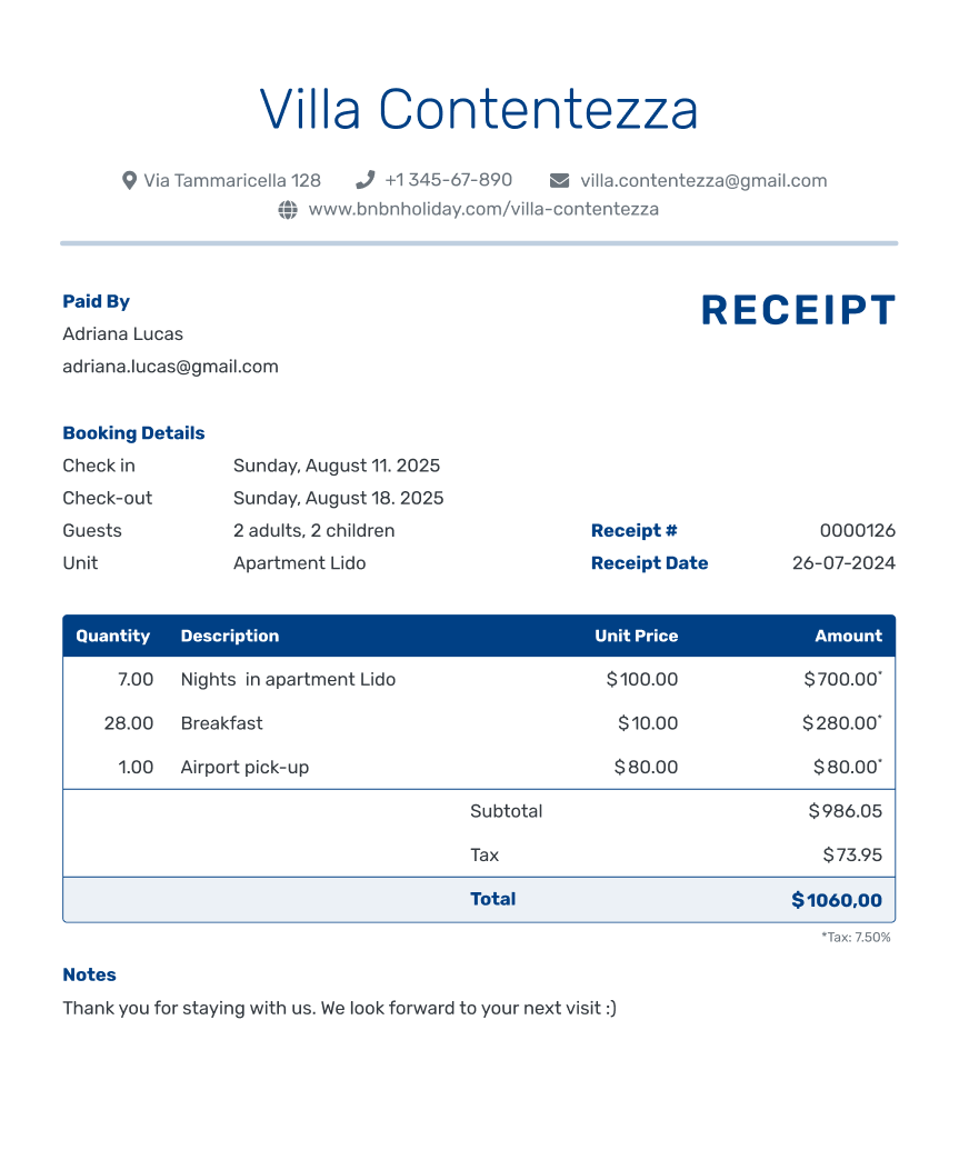 Hotel Receipt Template Print Save Or PDF