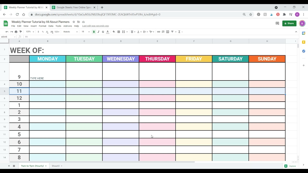 google sheets weekly planner template