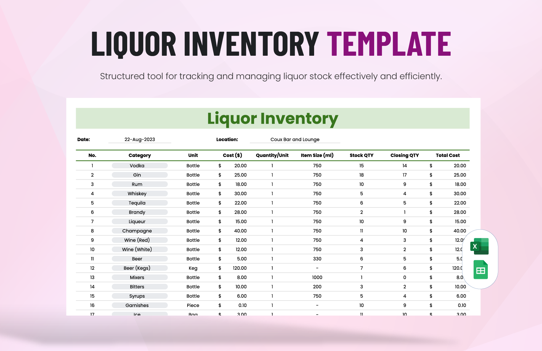 Liquor Inventory Template In Excel Google Sheets Download Template