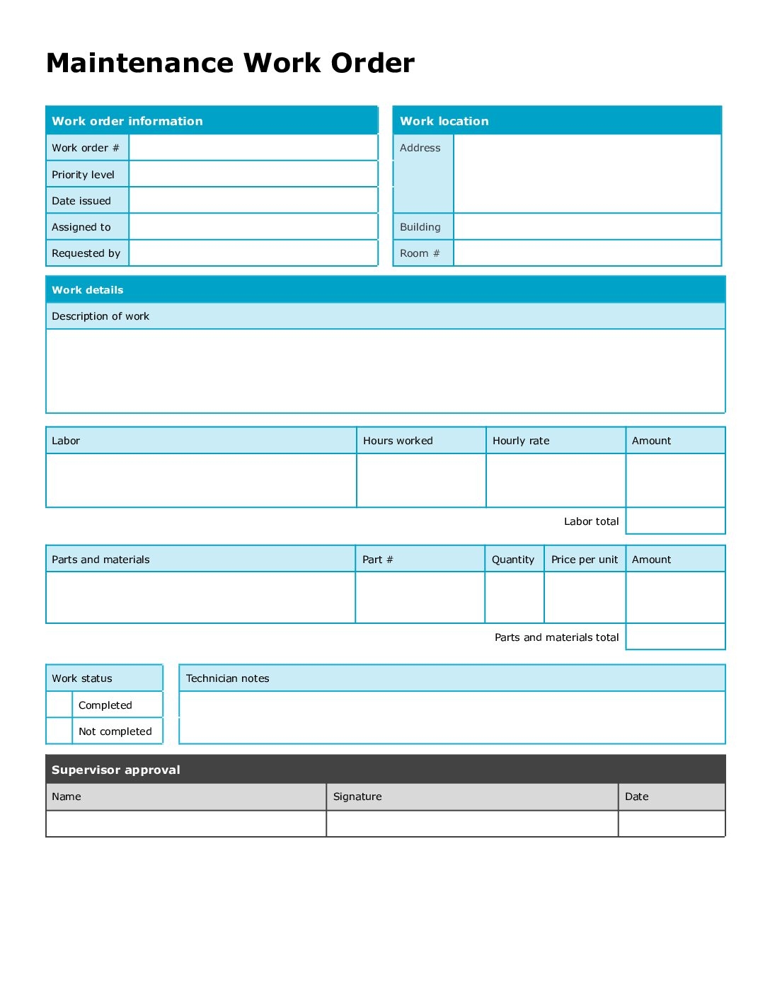 Maintenance Work Order Form Template Printable PDF Word 