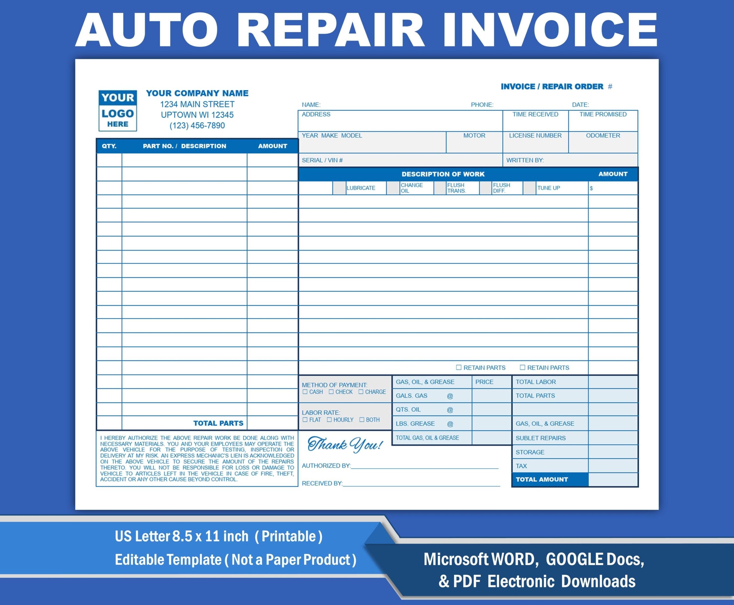 Mechanics Auto Repair Invoice Template Automotive Service Invoice Template Repair Order Repair Work Order Template In WORD Google Docs Etsy Israel